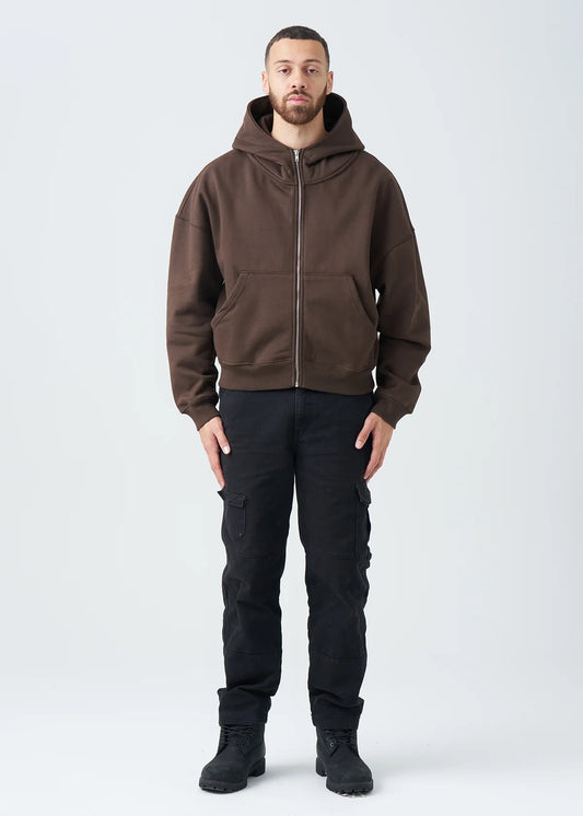 14 OZ Brown Oversized Full-Zip Fleece Hoodie