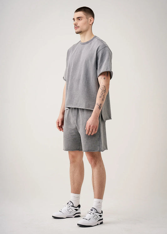 11 OZ Gray French Terry Garment Dye Raw Edge Short Set