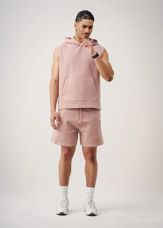 Pink 14 Ounce Sleeveless Garment Dye Interlock Hooded Short Set
