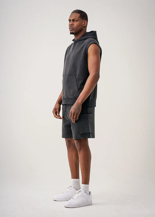 14 OZ Black Sleeveless Garment Dye Interlock Hooded Short Set