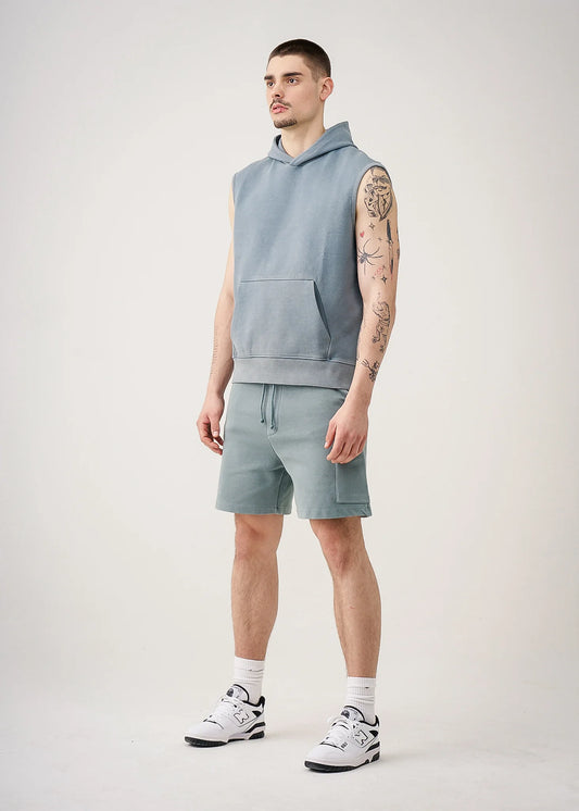 Sage 14 Ounce Sleeveless Garment Dye Interlock Hooded Short Set