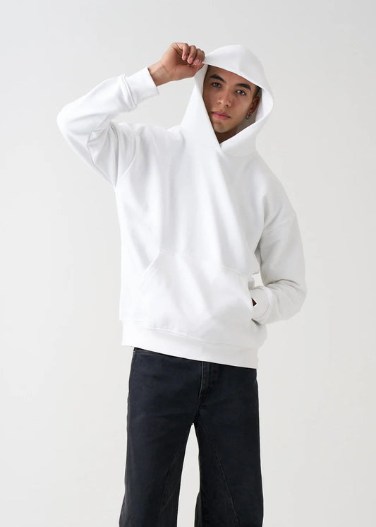 14 OZ White Drop Shoulder Basic Hoodie