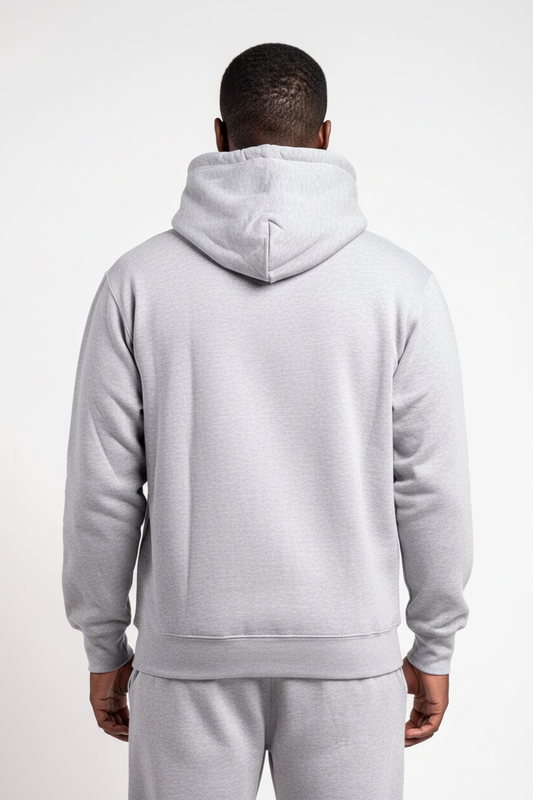 Back view of 10 OZ heather gray fleece hoodie on Black male model