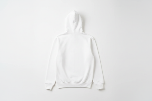 White 10 OZ Zip-Up Hoodie Luxury Flat Lay Back View with Drawstrings