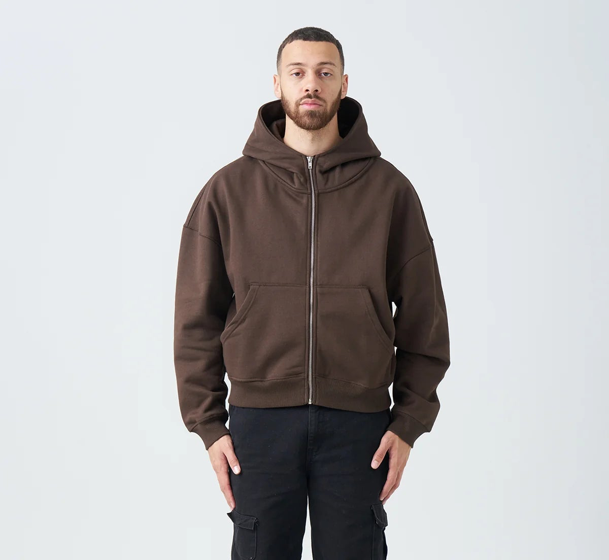 14 OZ Brown Full-Zip Fleece Hoodie