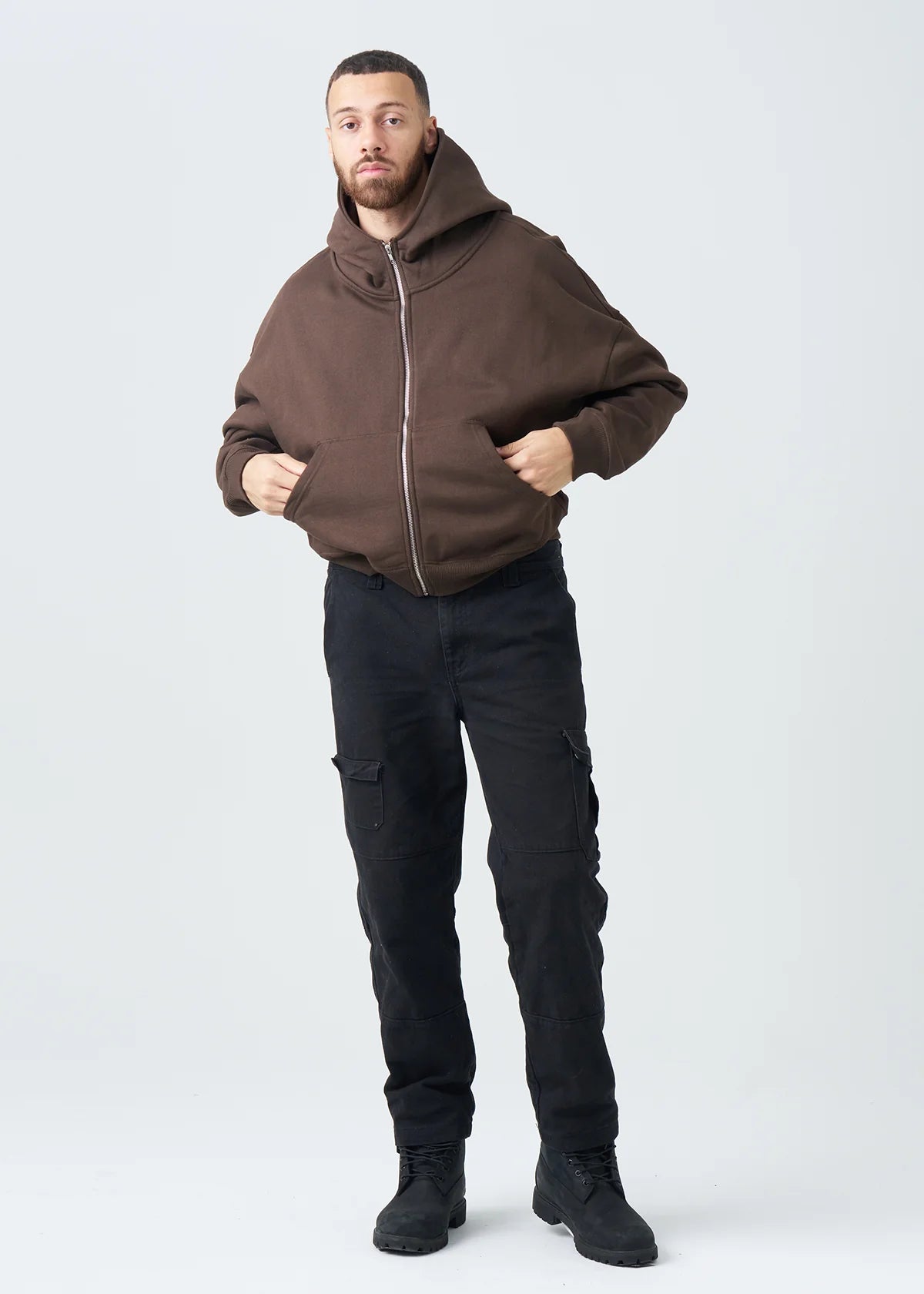 14 OZ Brown Full-Zip Fleece Hoodie