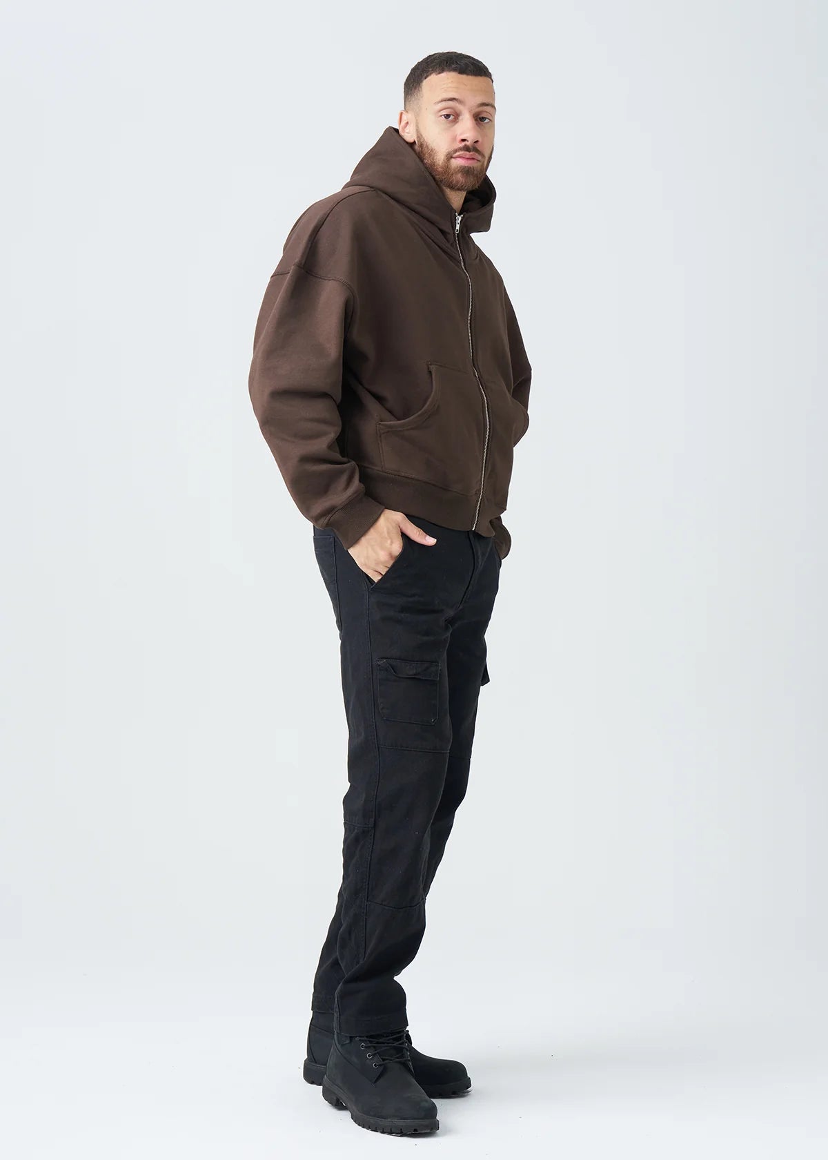 14 OZ Brown Full-Zip Fleece Hoodie
