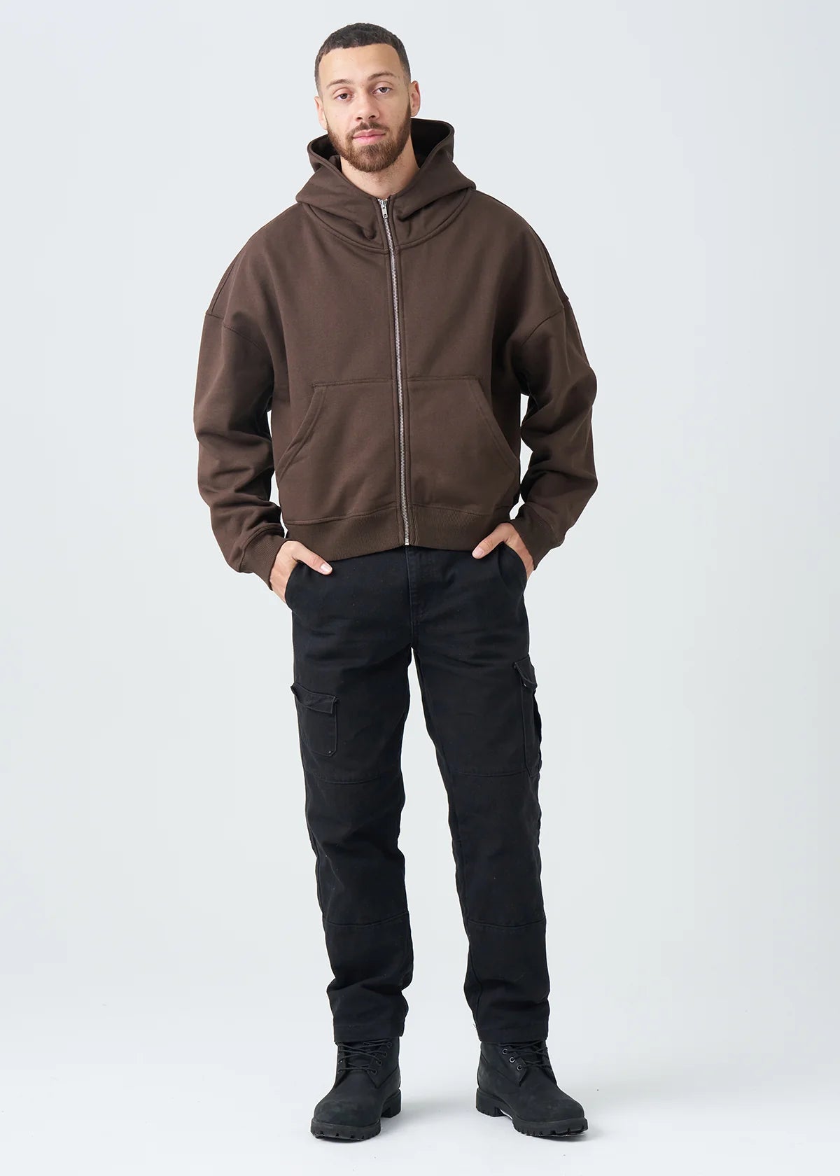 14 OZ Brown Full-Zip Fleece Hoodie