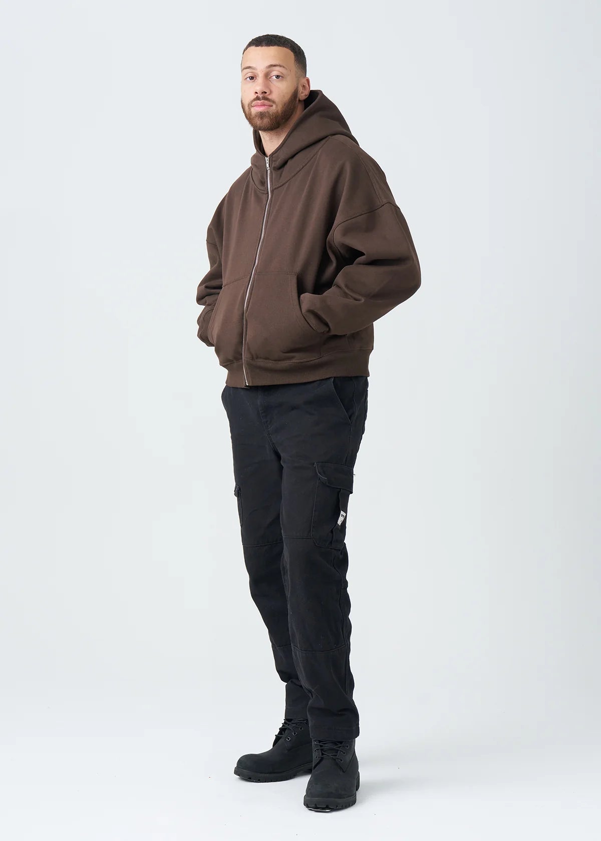 14 OZ Brown Full-Zip Fleece Hoodie