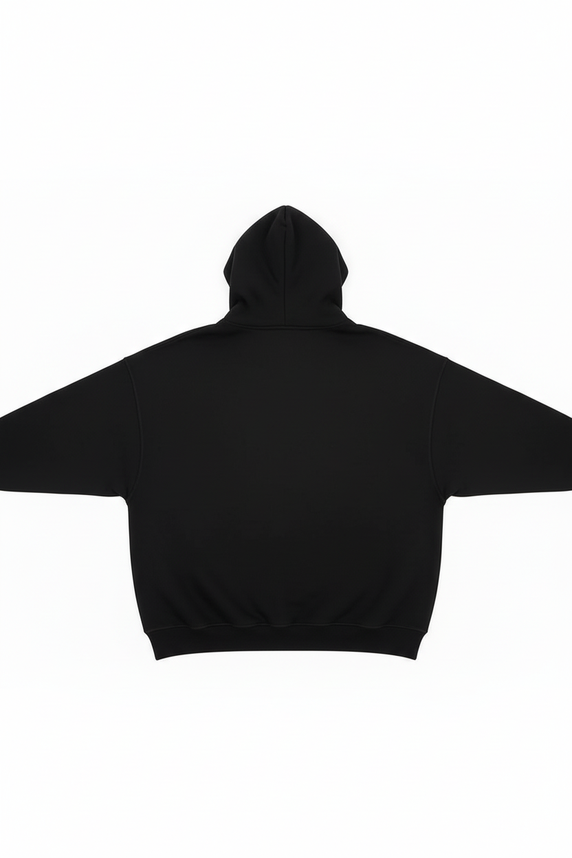 14 OZ Black Hoodie Back Flat Lay