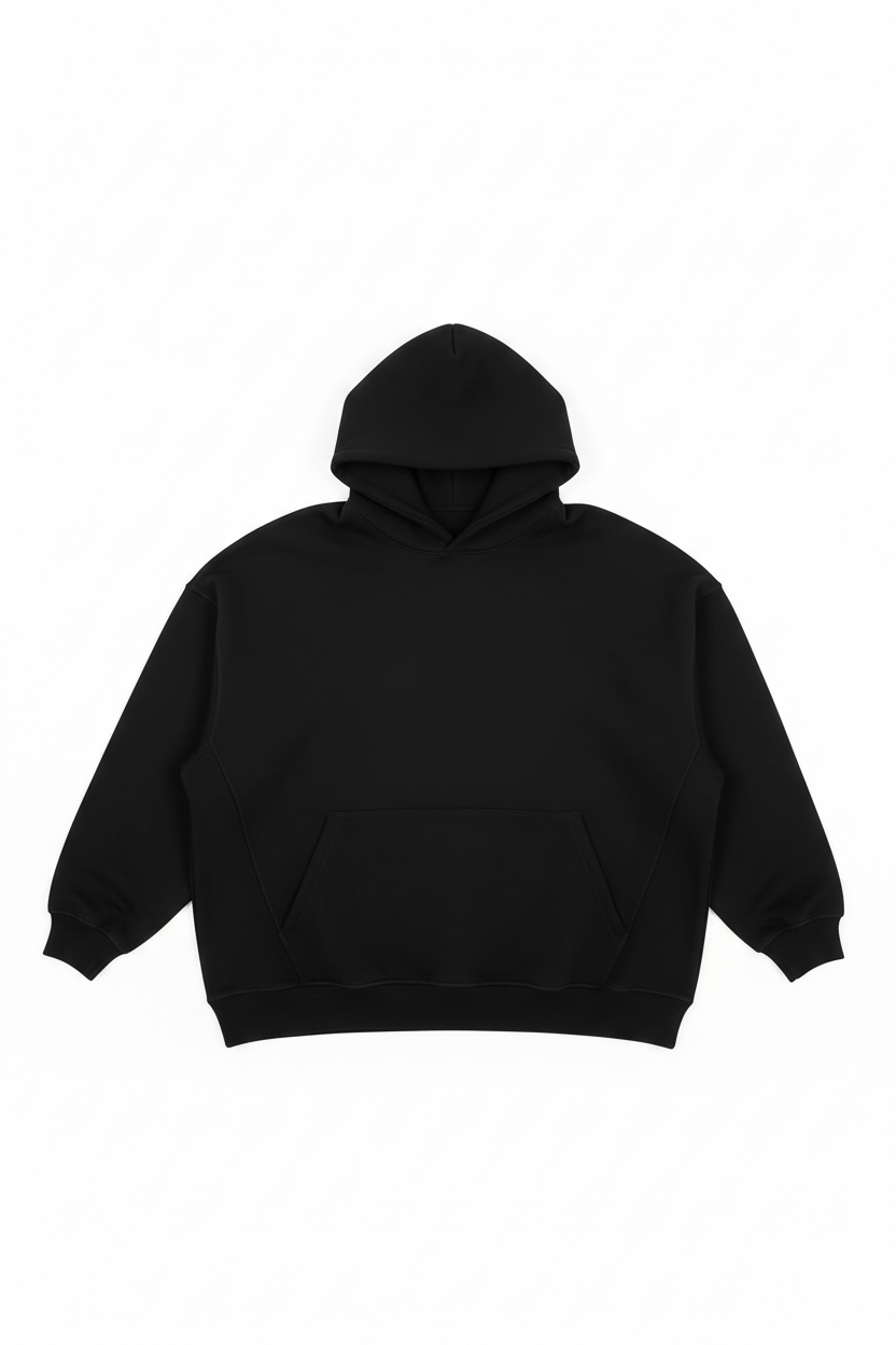 14 OZ Black Hoodie Luxury Flat Lay