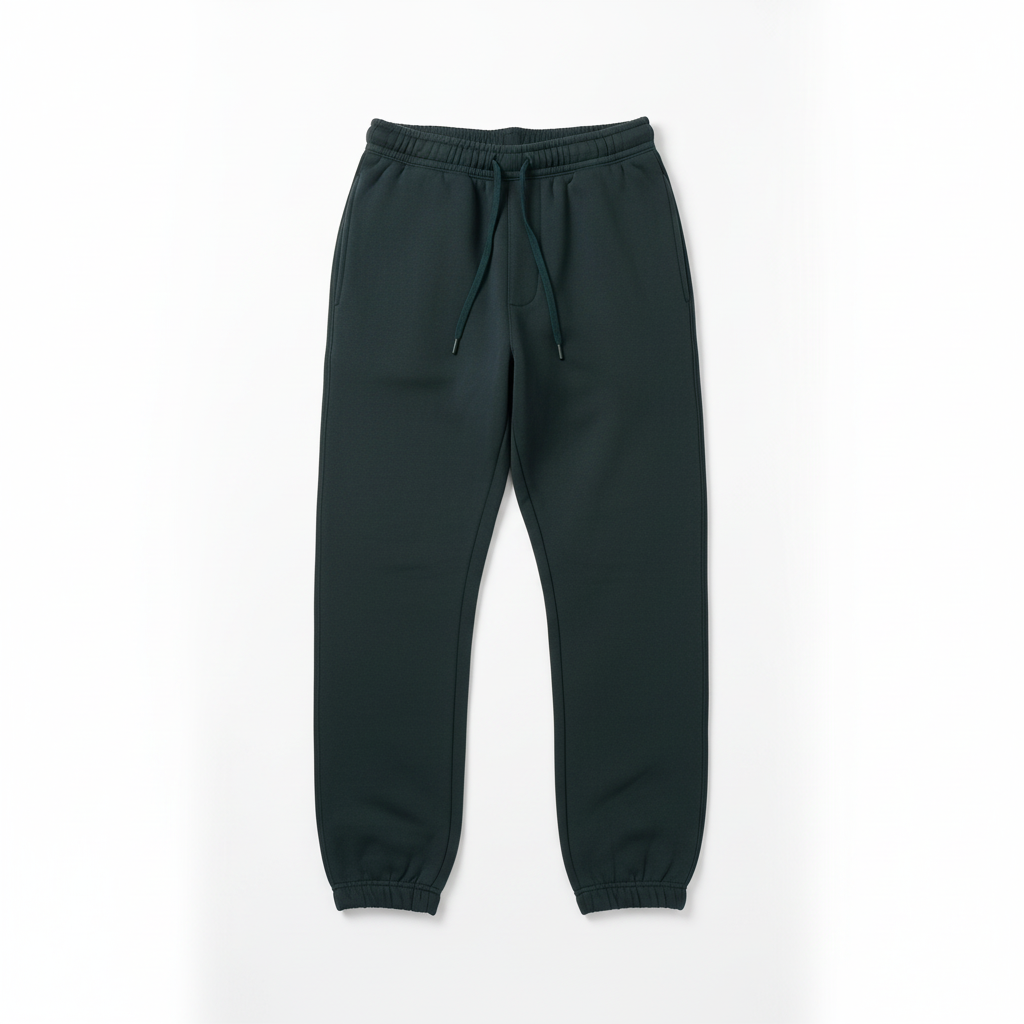 14 OZ Dark Green Fleece Sweatpants Flat Lay