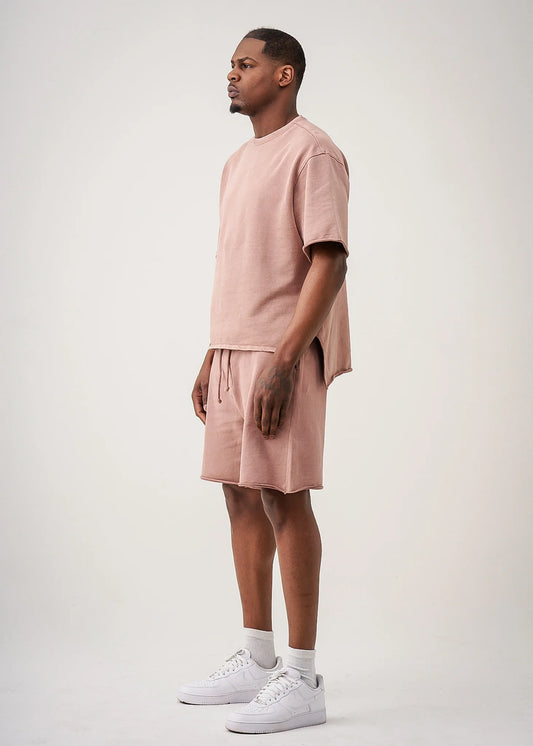 Pink 11 Ounce French Terry Garment Dye Raw Edge Short Set