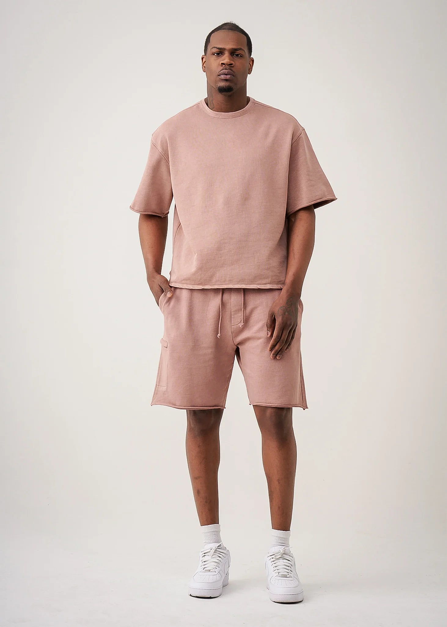 11 OZ Pink French Terry Garment Dye Raw Edge Short Set
