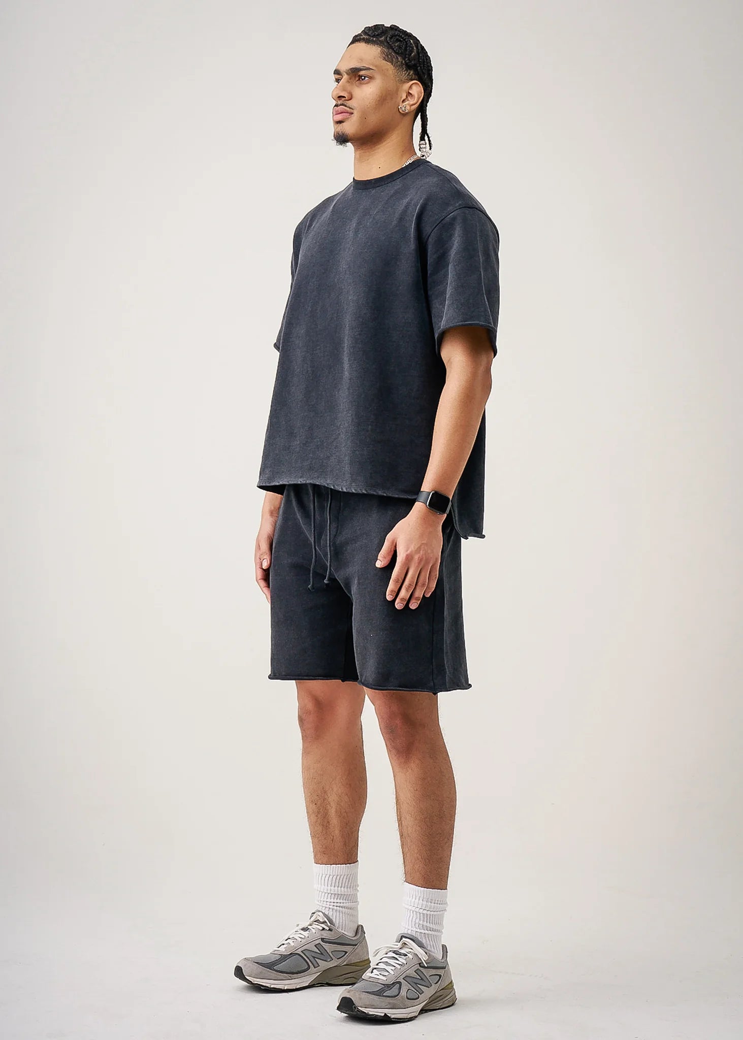 11 OZ Black French Terry Garment Dye Raw Edge Short Set