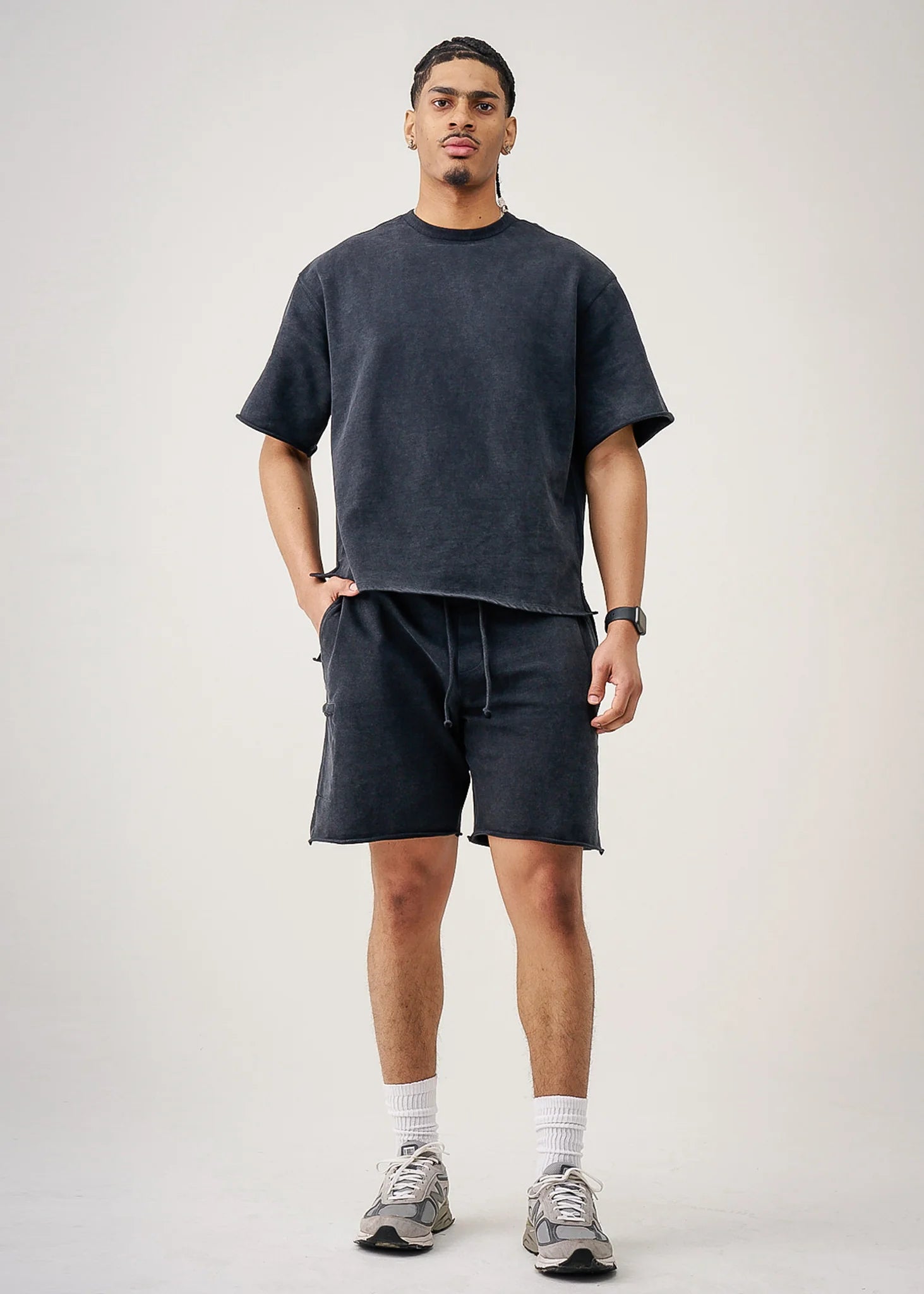11 OZ Black French Terry Garment Dye Raw Edge Short Set