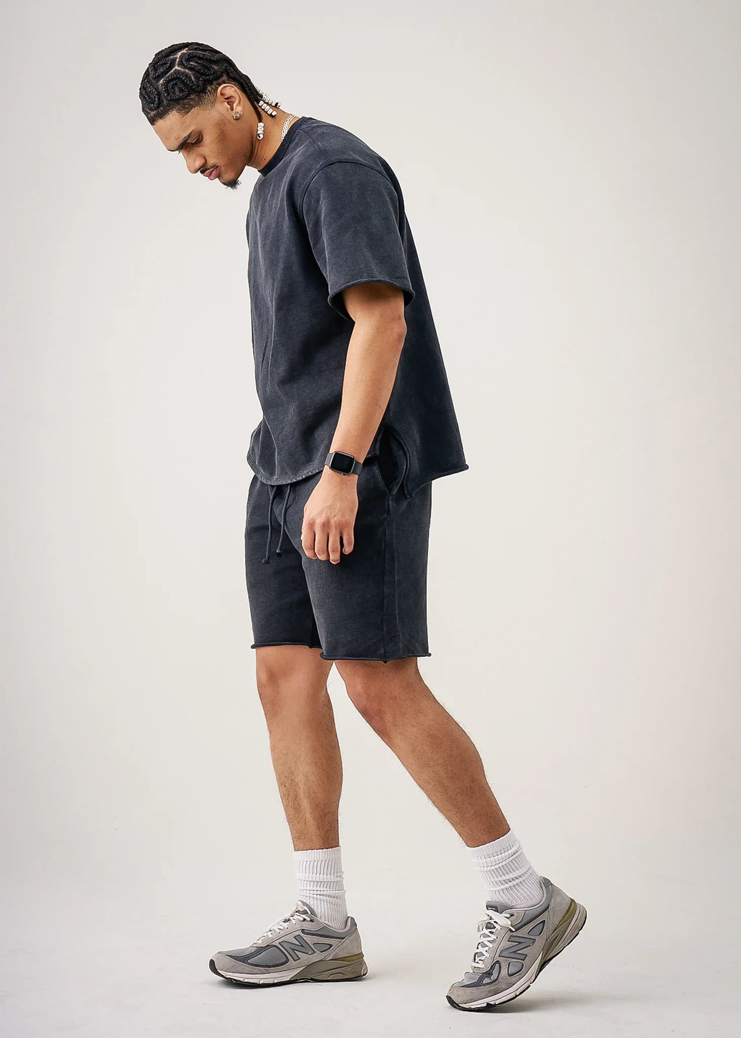 11 OZ Black French Terry Garment Dye Raw Edge Short Set