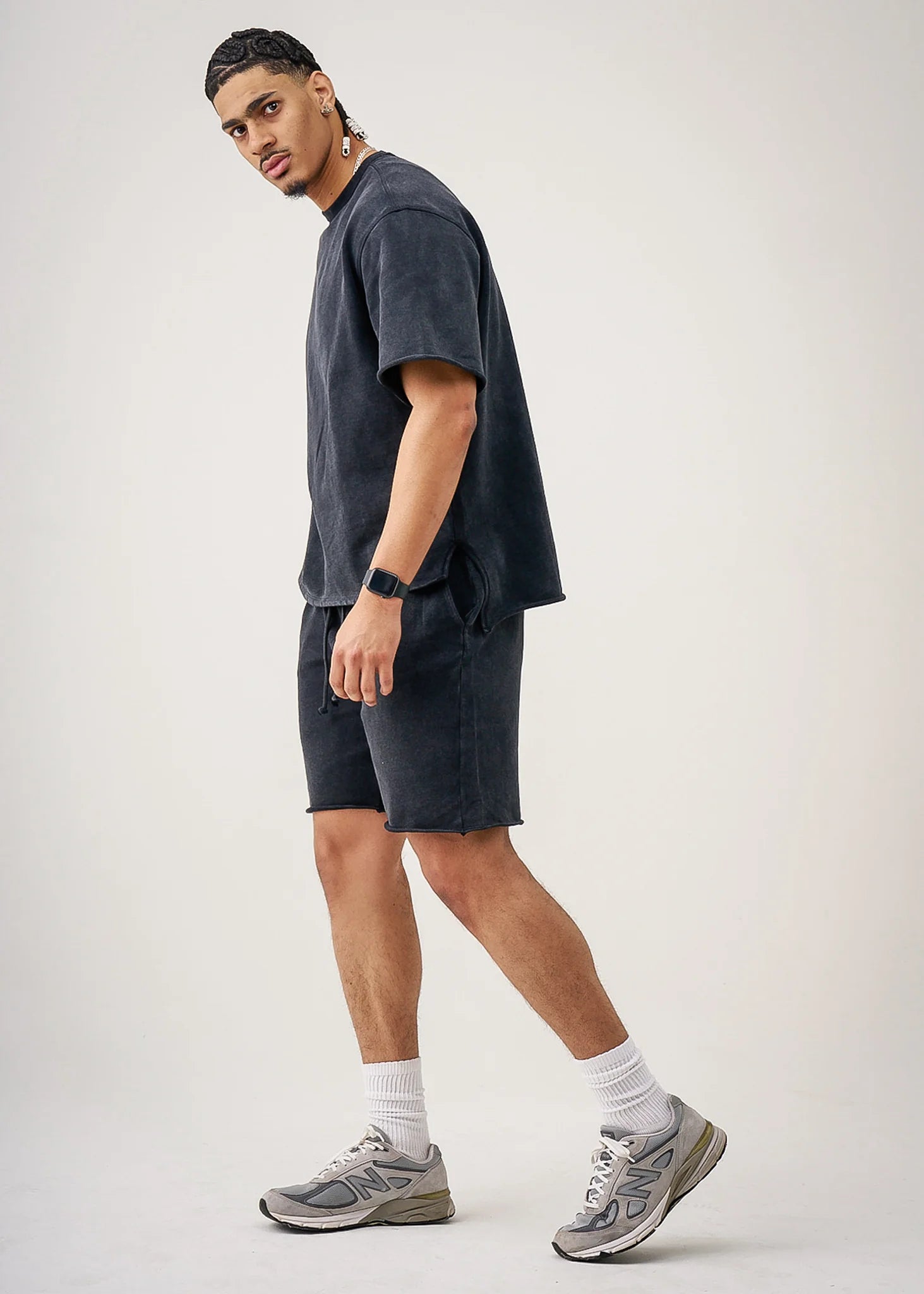 11 OZ Black French Terry Garment Dye Raw Edge Short Set