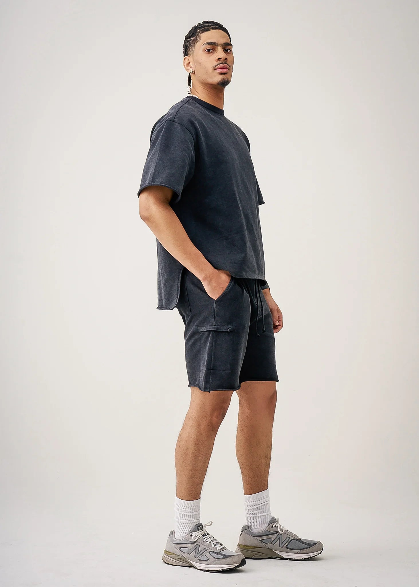 11 OZ Black French Terry Garment Dye Raw Edge Short Set
