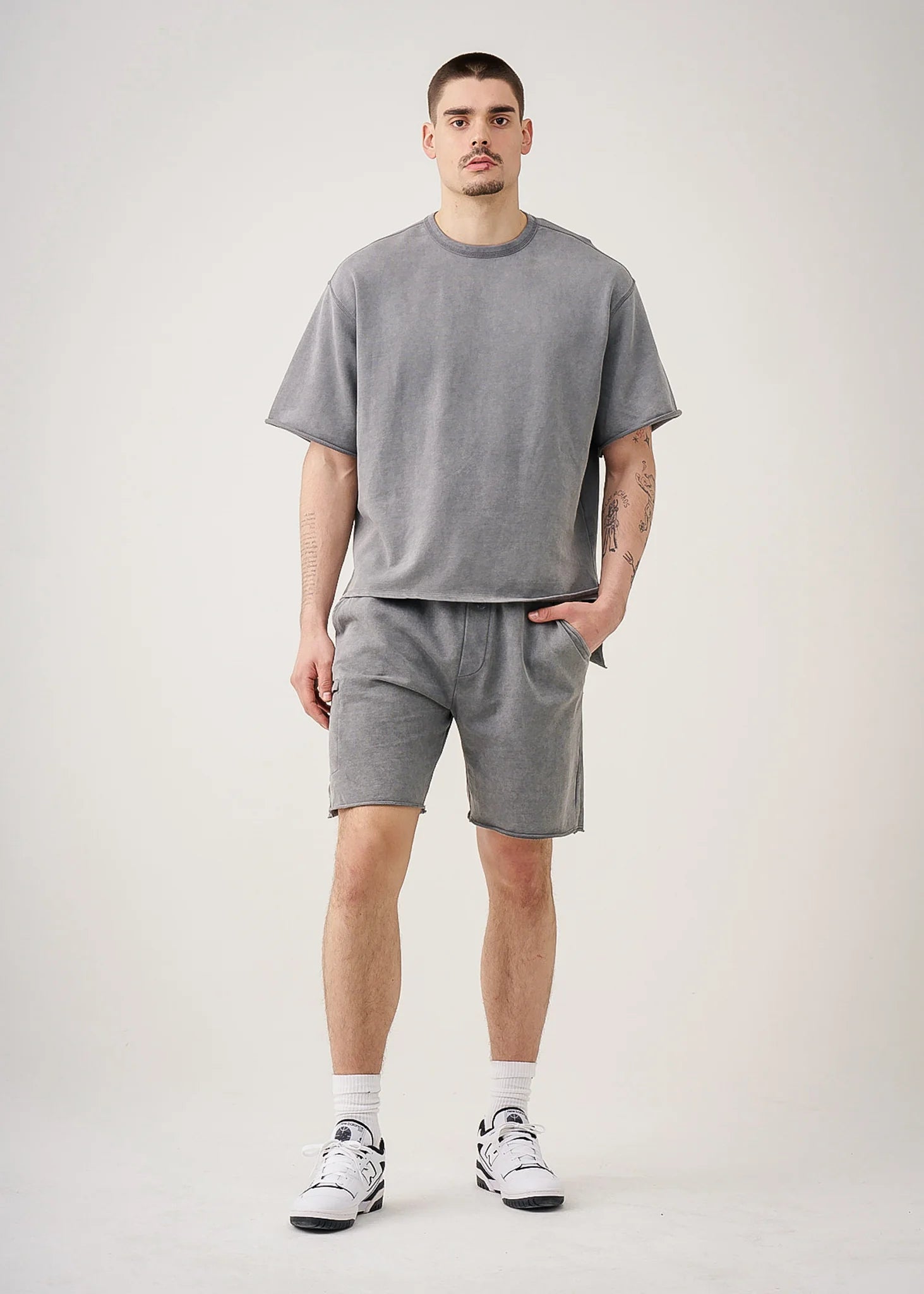 11 OZ Gray French Terry Garment Dye Raw Edge Short Set