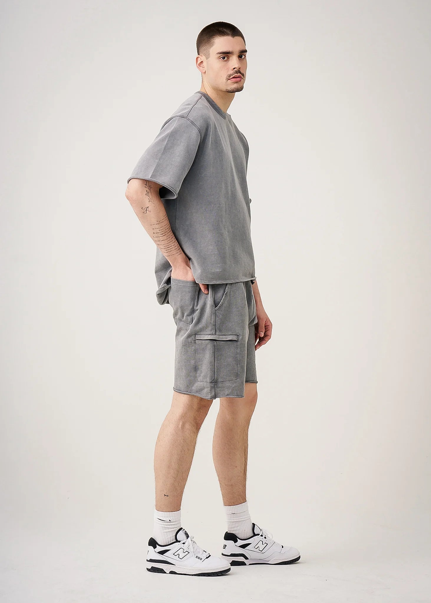 11 OZ Gray French Terry Garment Dye Raw Edge Short Set
