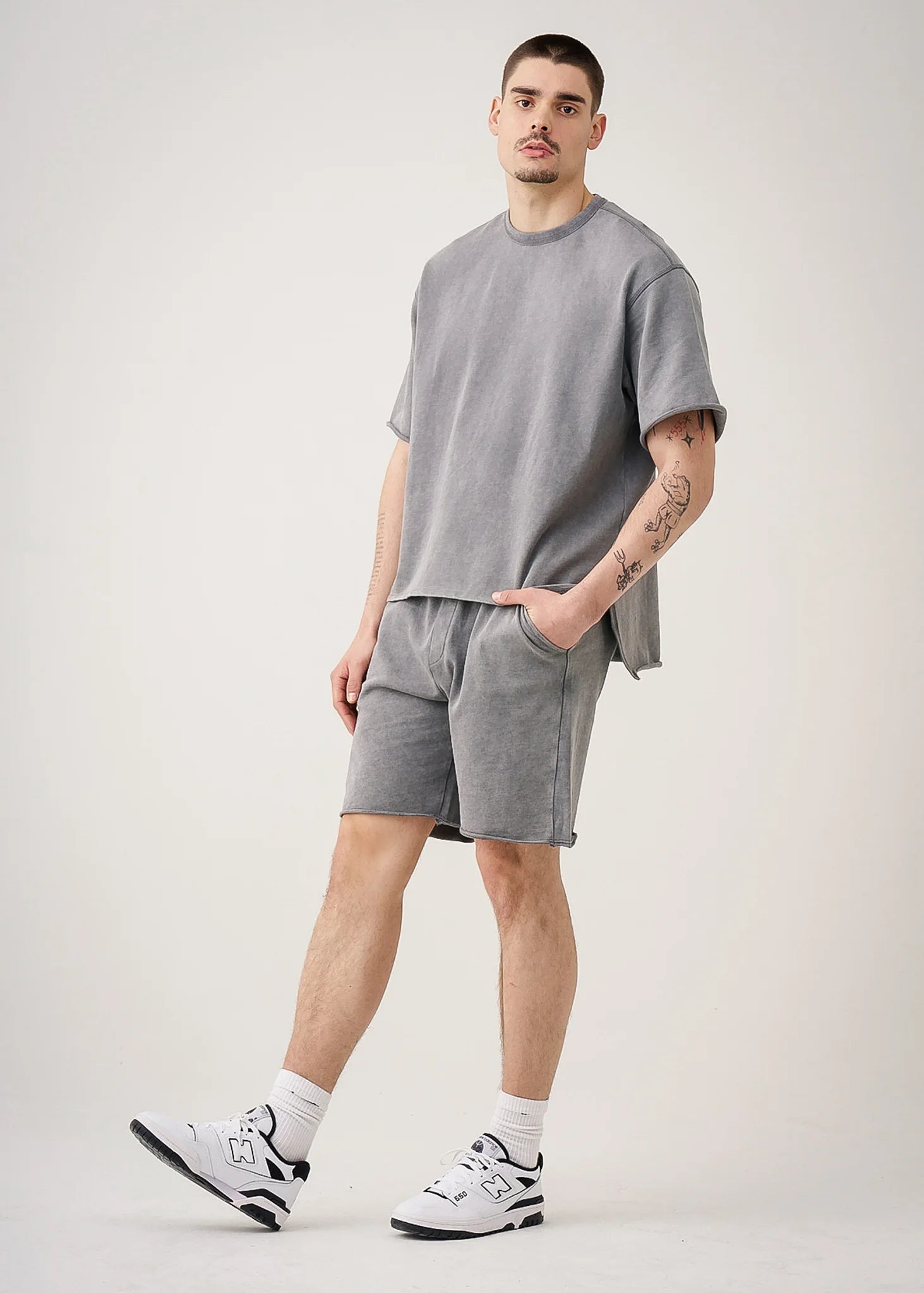 11 OZ Gray French Terry Garment Dye Raw Edge Short Set