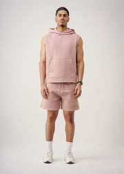 Pink 14 Ounce Sleeveless Garment Dye Interlock Hooded Short Set