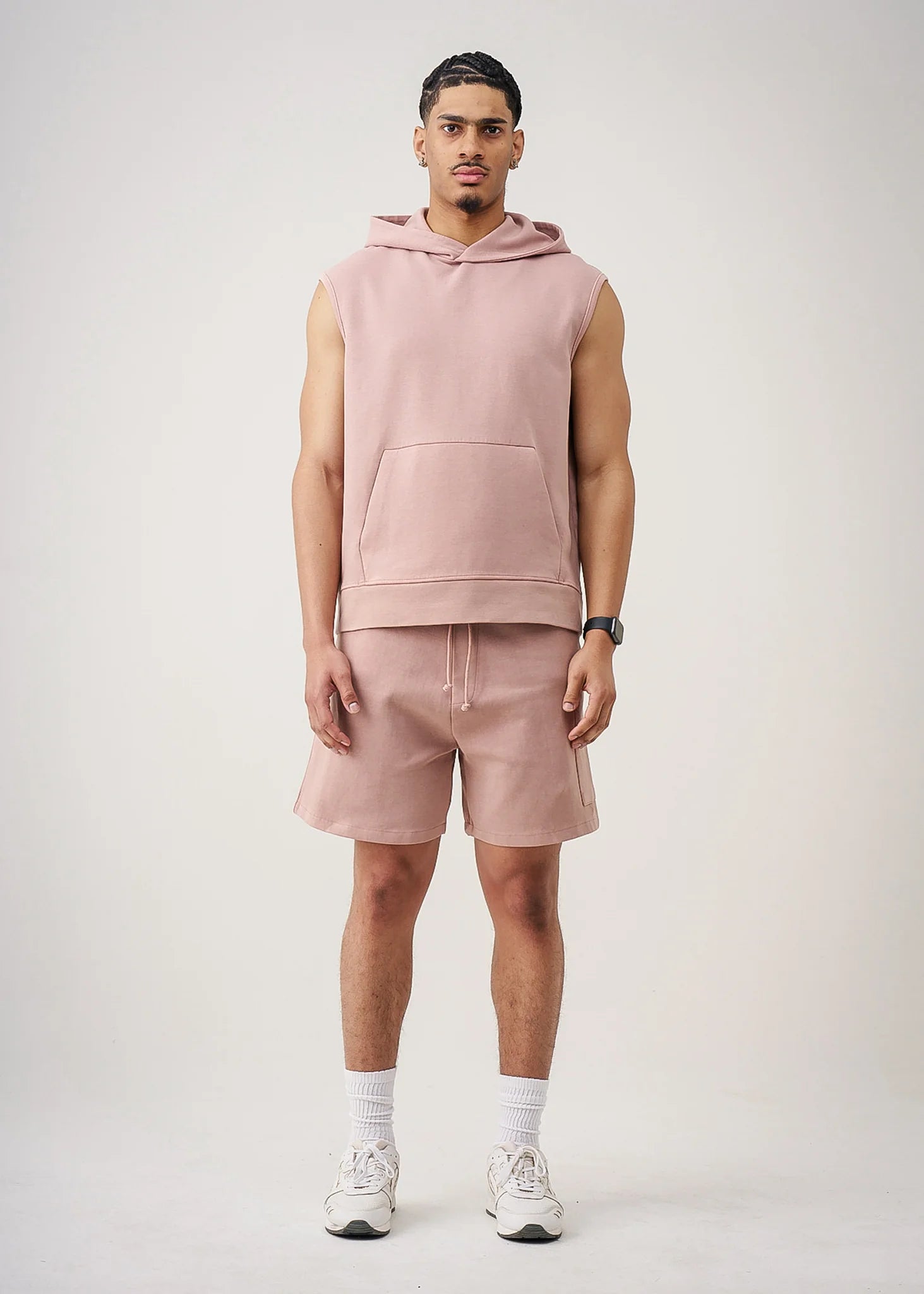 Pink 14 Ounce Sleeveless Garment Dye Interlock Hooded Short Set