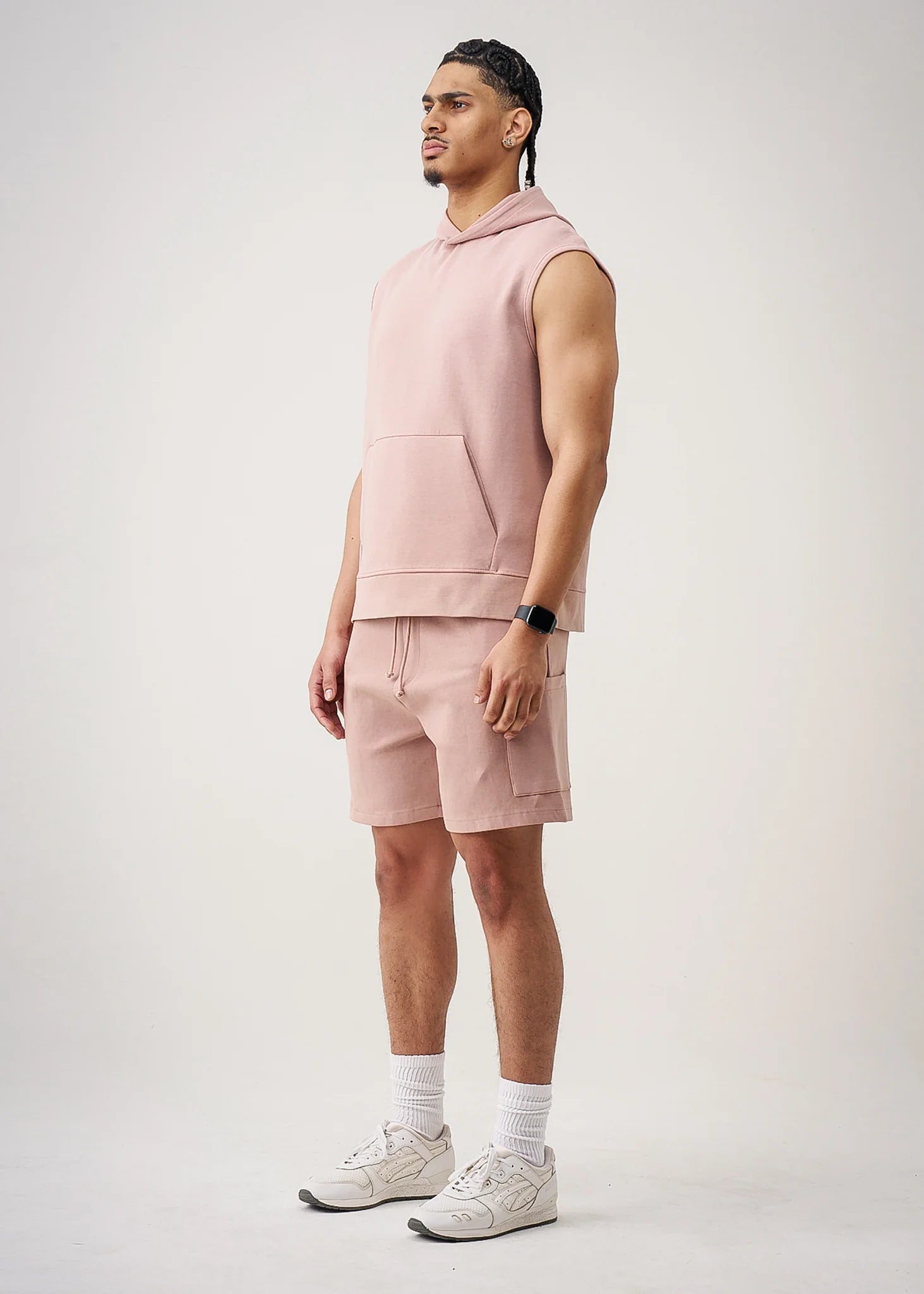 Pink 14 Ounce Sleeveless Garment Dye Interlock Hooded Short Set