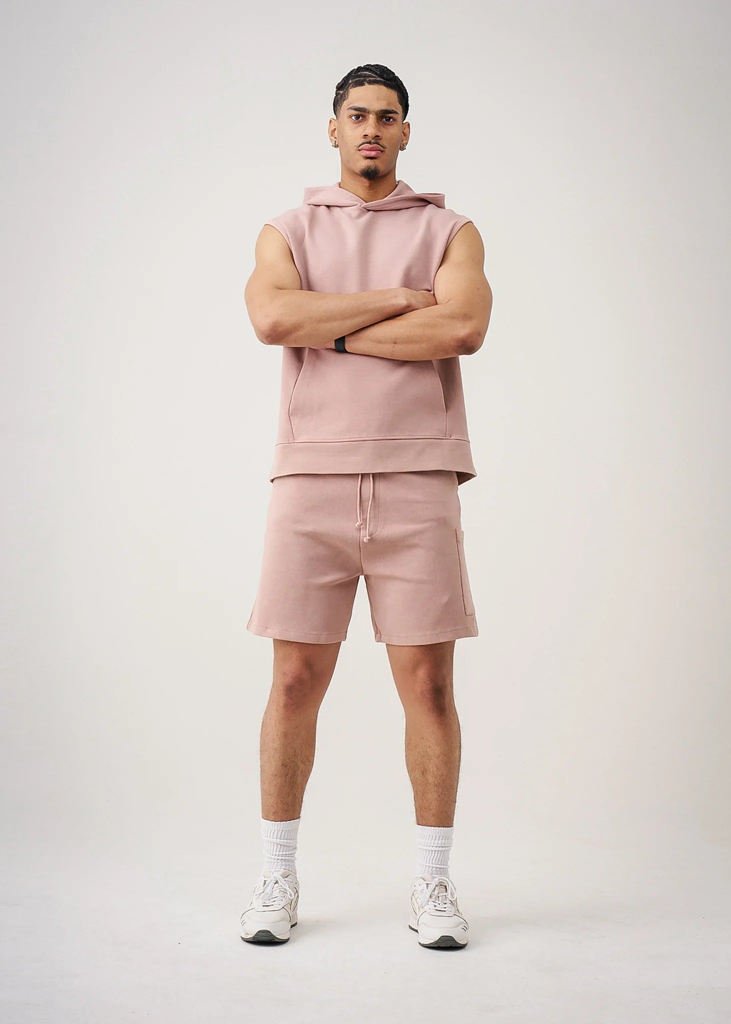 Pink 14 Ounce Sleeveless Garment Dye Interlock Hooded Short Set