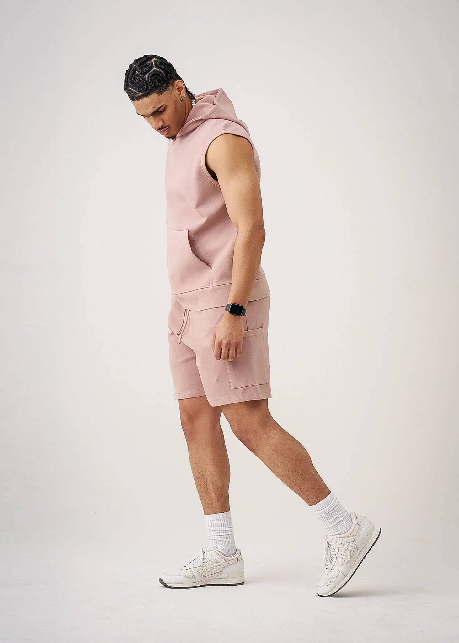 Pink 14 Ounce Sleeveless Garment Dye Interlock Hooded Short Set