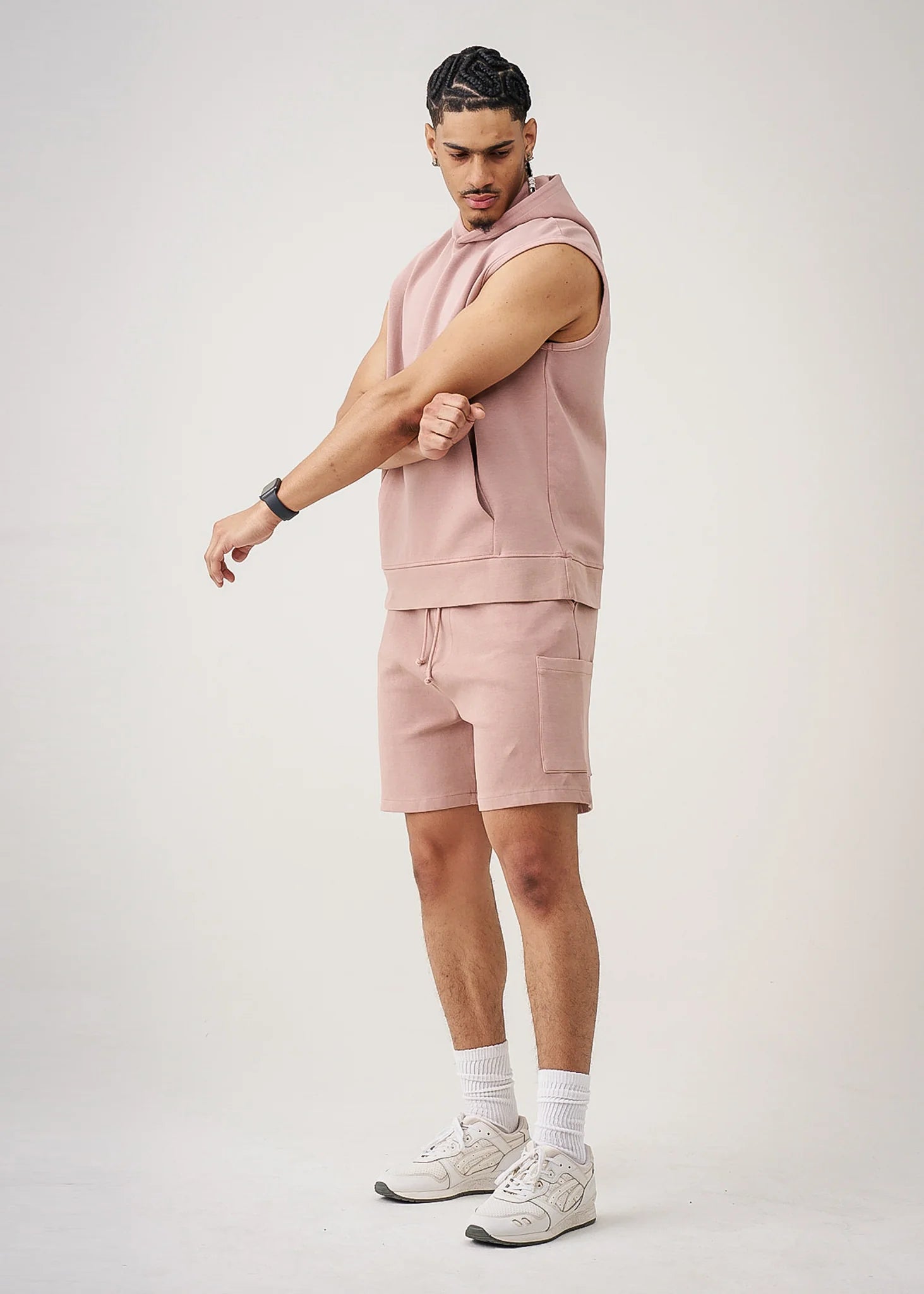 Pink 14 Ounce Sleeveless Garment Dye Interlock Hooded Short Set