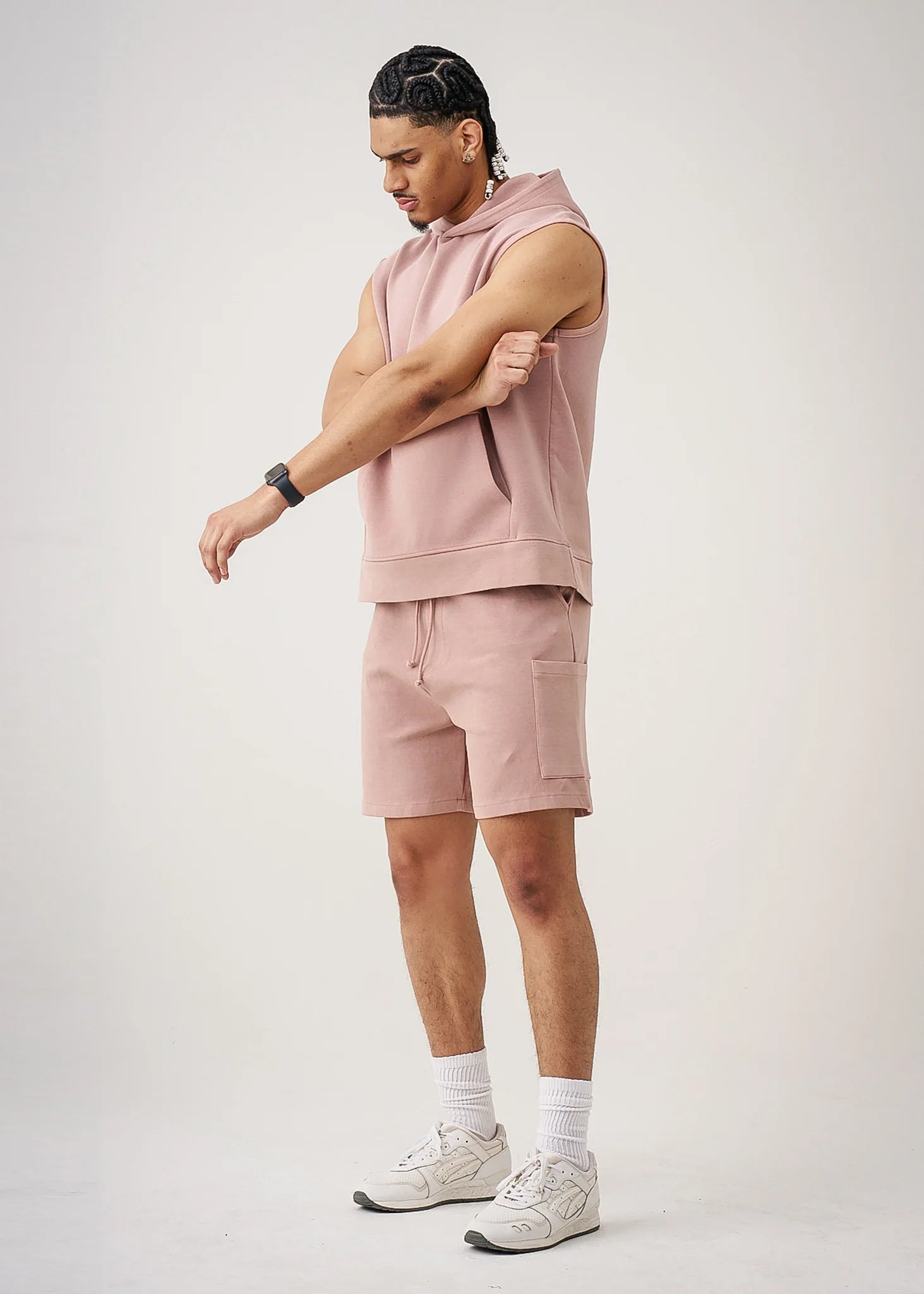 Pink 14 Ounce Sleeveless Garment Dye Interlock Hooded Short Set