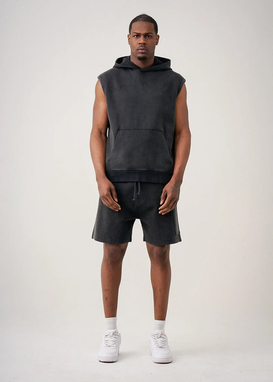 Black 14 Ounce Sleeveless Garment Dye Interlock Hooded Short Set
