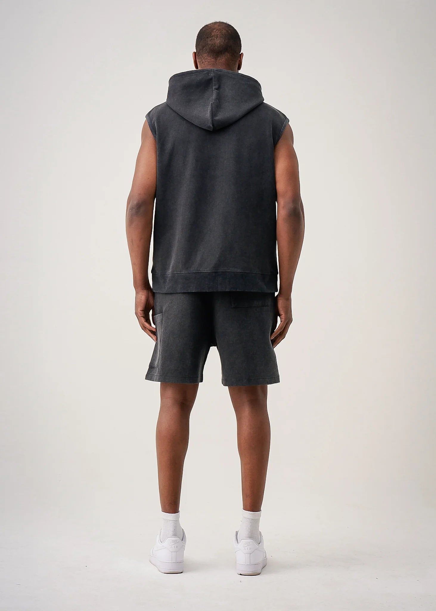 14 OZ Black Sleeveless Garment Dye Interlock Hooded Short Set