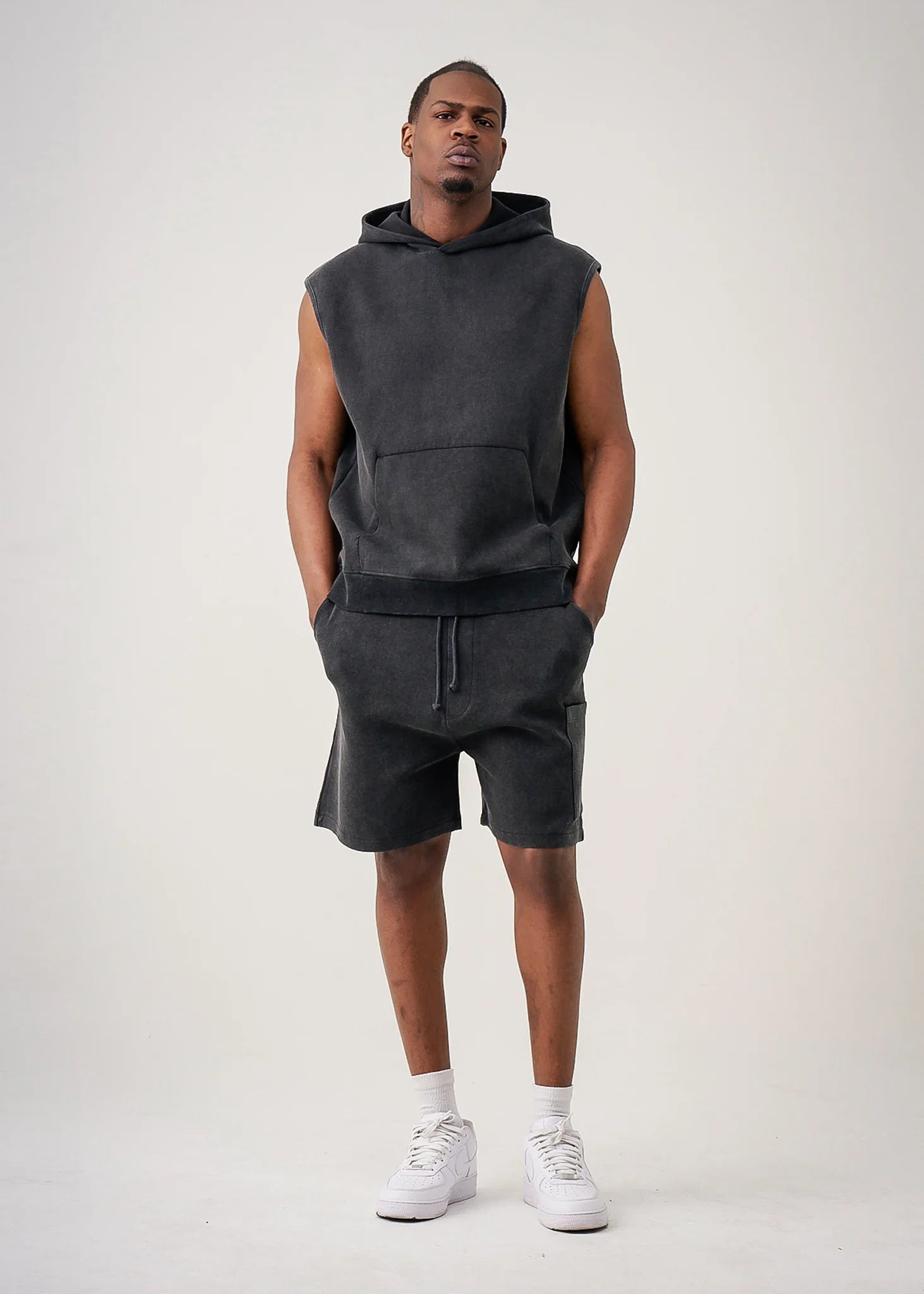 14 OZ Black Sleeveless Garment Dye Interlock Hooded Short Set
