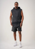 Black 14 Ounce Sleeveless Garment Dye Interlock Hooded Short Set