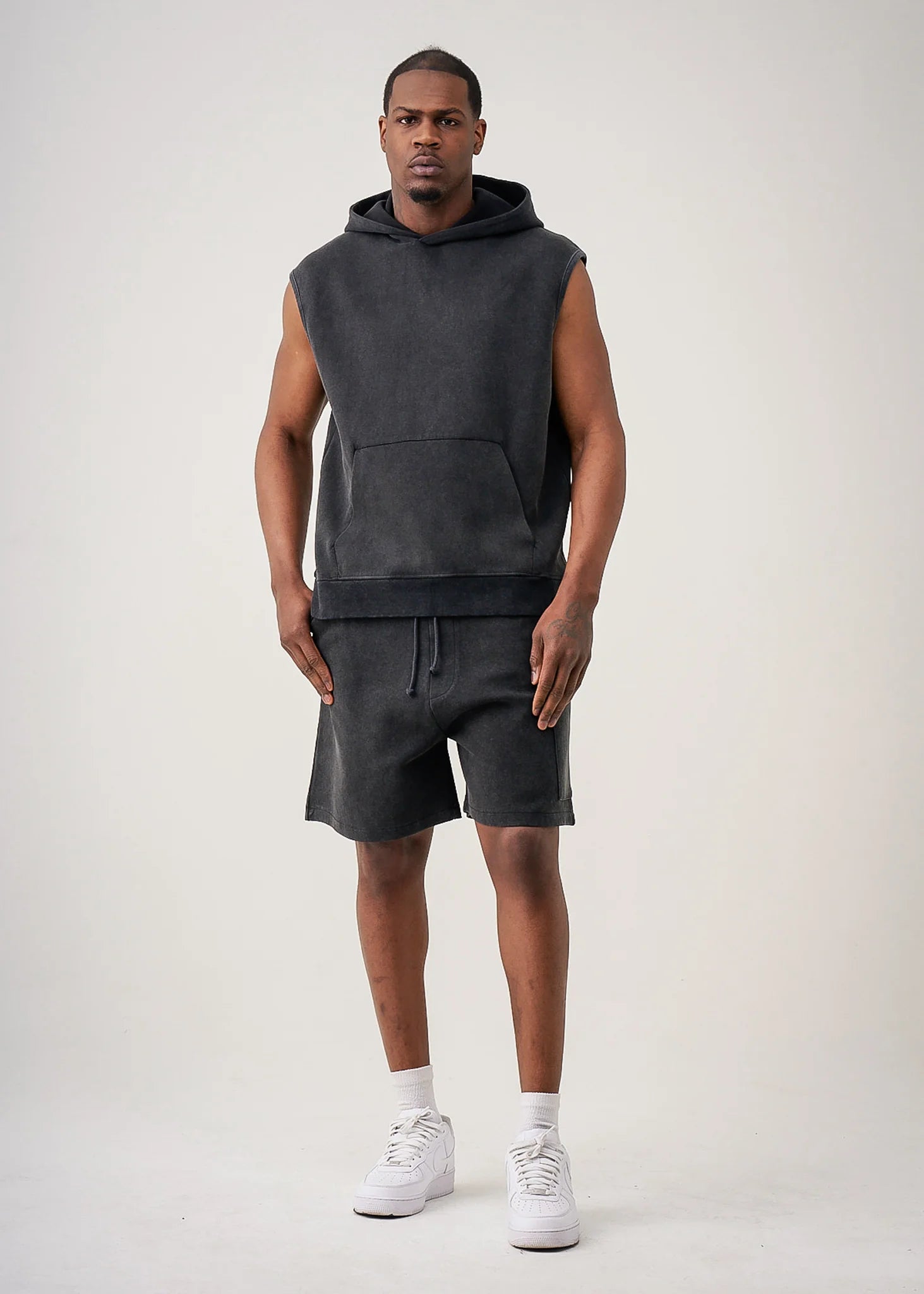 14 OZ Black Sleeveless Garment Dye Interlock Hooded Short Set