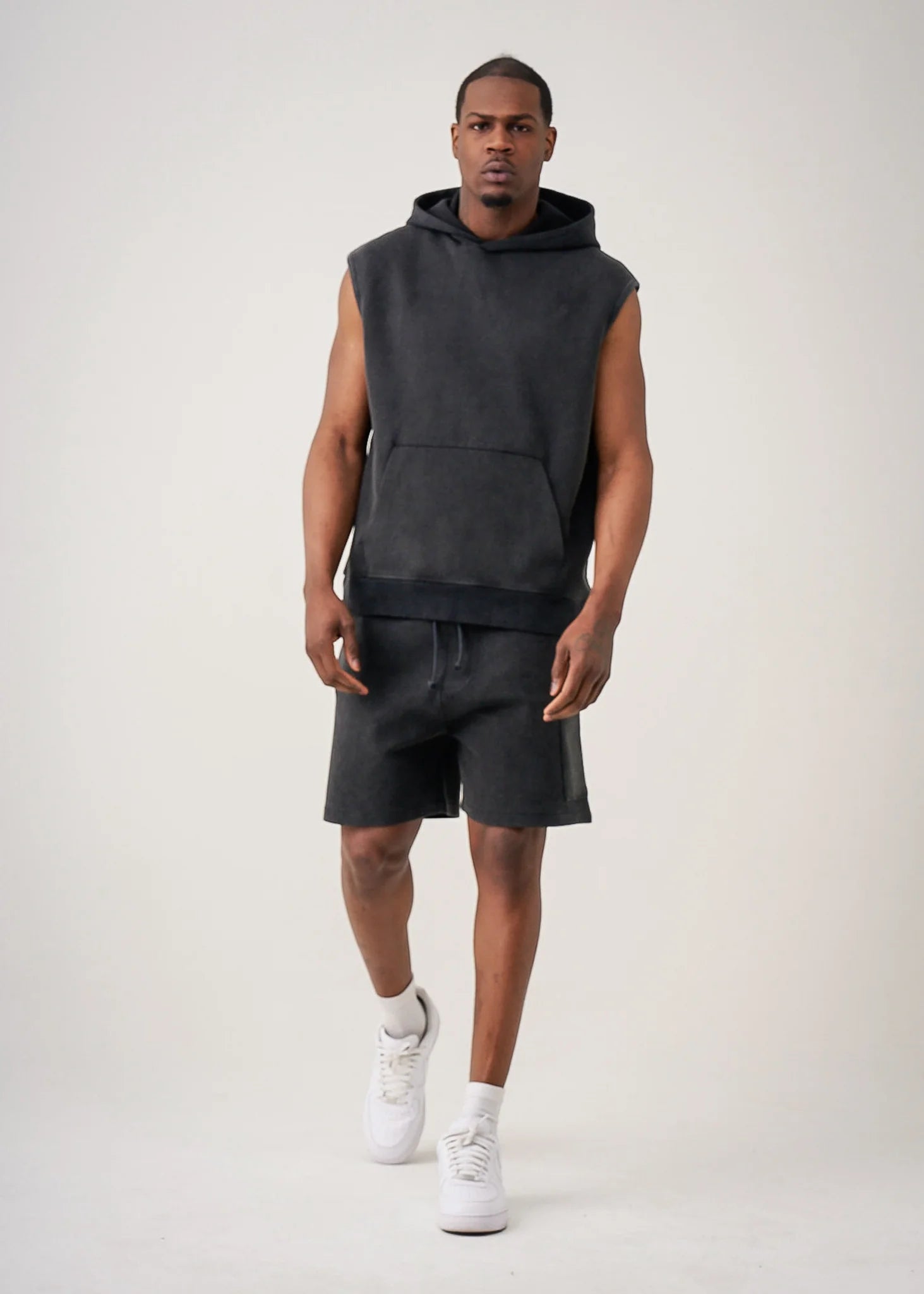 14 OZ Black Sleeveless Garment Dye Interlock Hooded Short Set