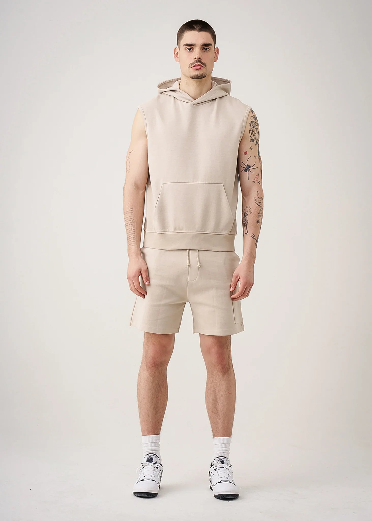 14 OZ Beige Sleeveless Garment Dye Interlock Hooded Short Set