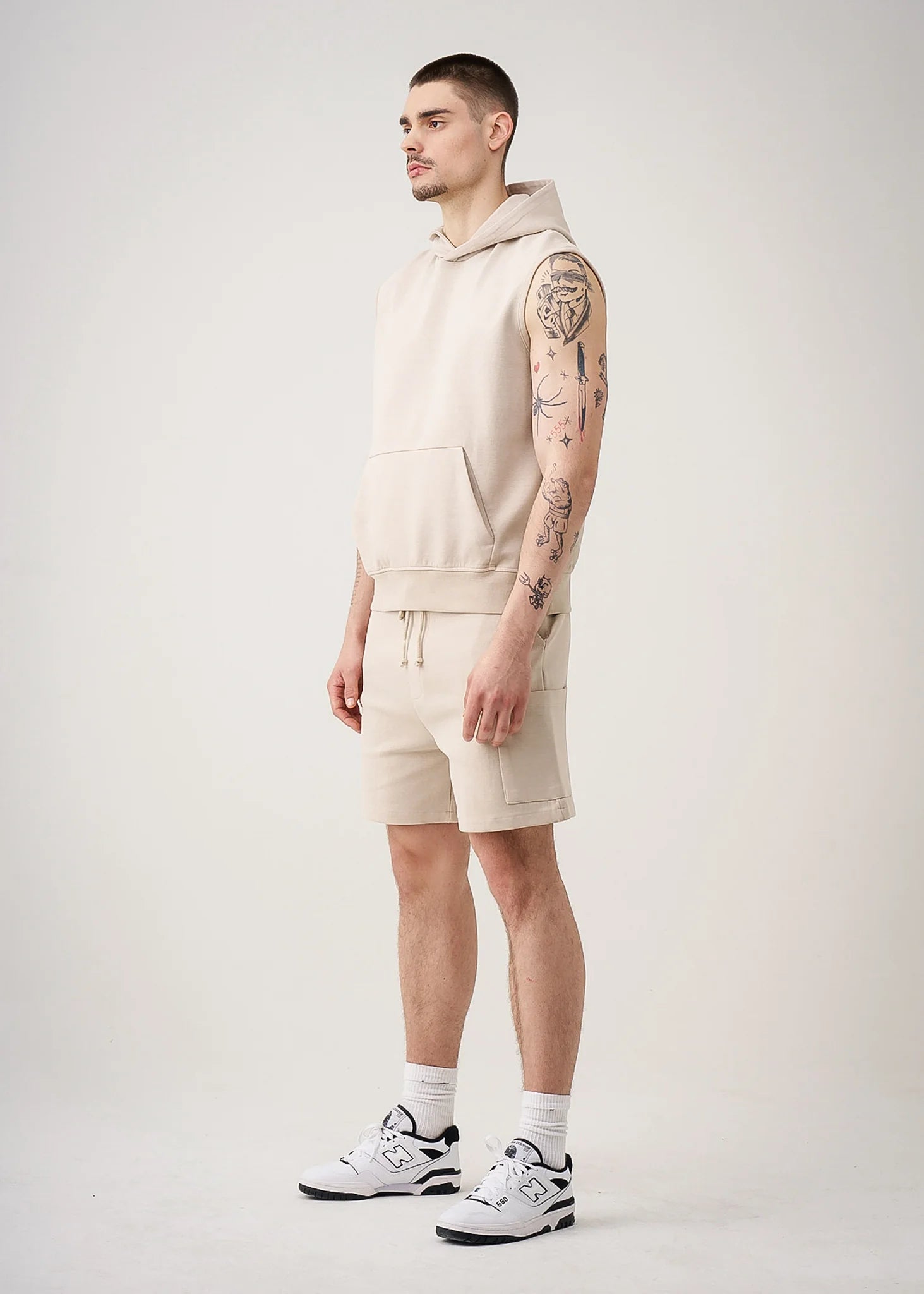 14 OZ Beige Sleeveless Garment Dye Interlock Hooded Short Set