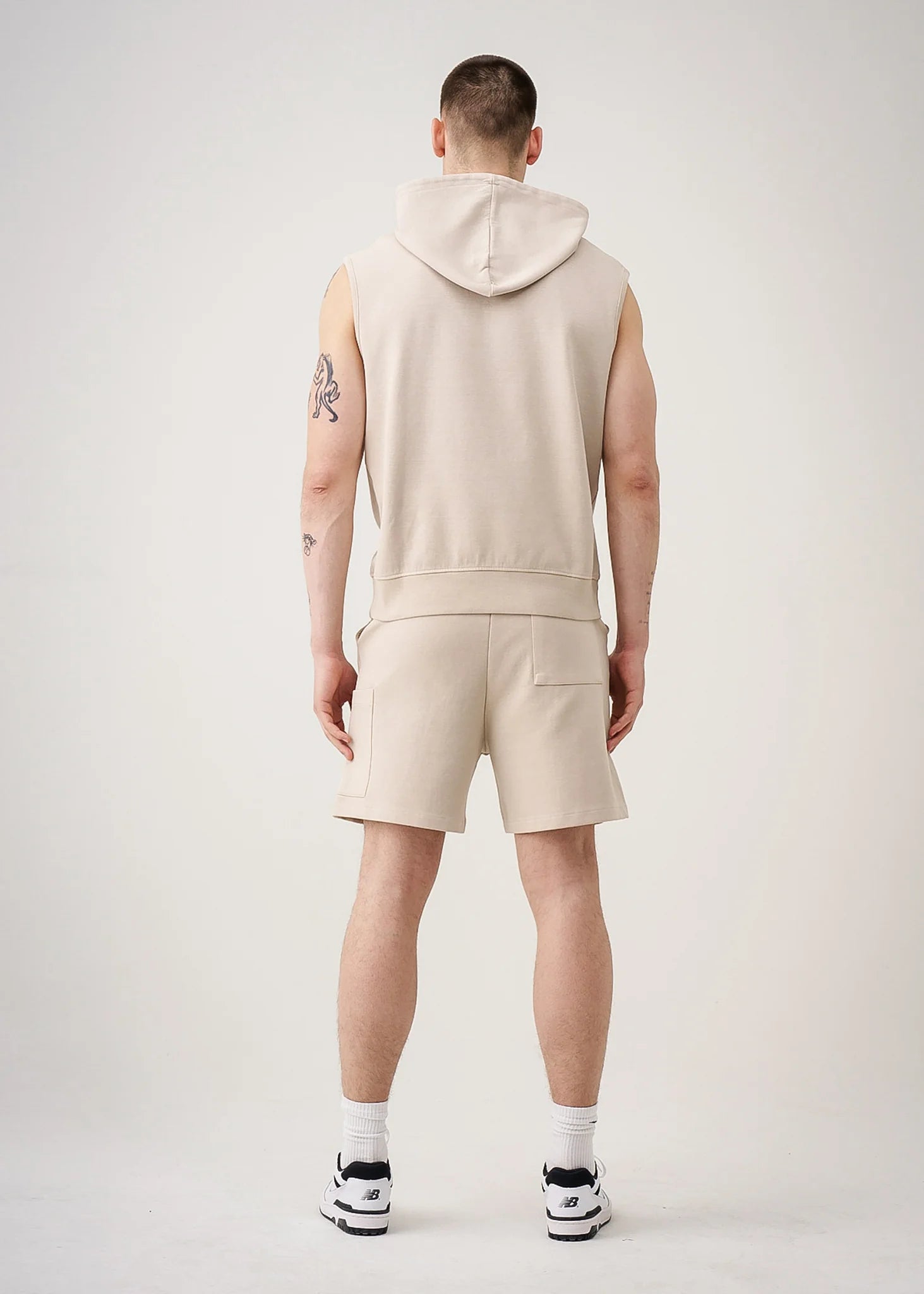 14 OZ Beige Sleeveless Garment Dye Interlock Hooded Short Set