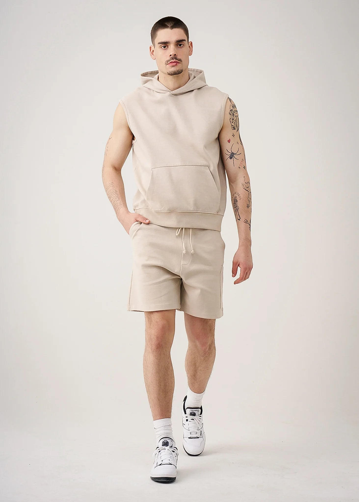 14 OZ Beige Sleeveless Garment Dye Interlock Hooded Short Set