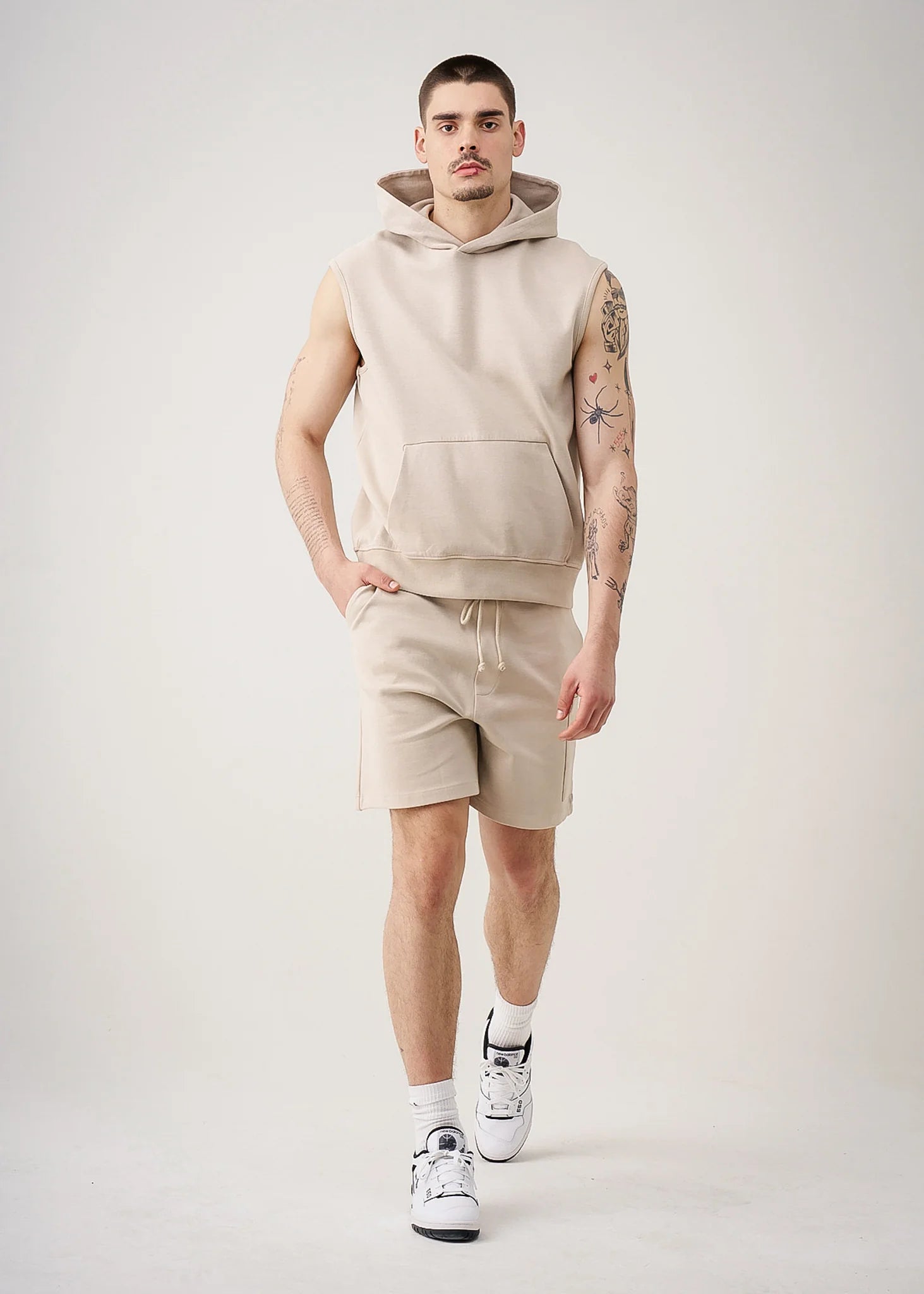 14 OZ Beige Sleeveless Garment Dye Interlock Hooded Short Set