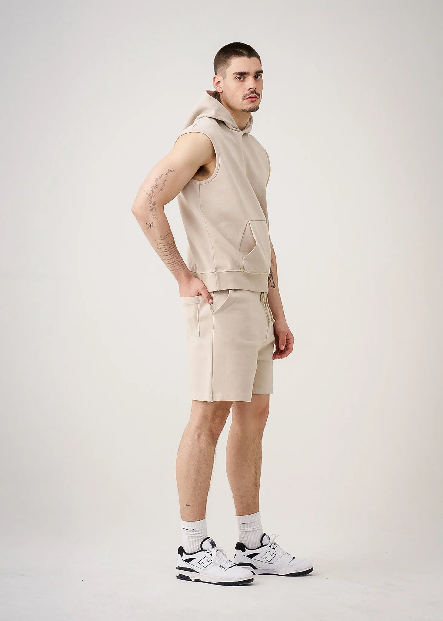 14 OZ Beige Sleeveless Garment Dye Interlock Hooded Short Set