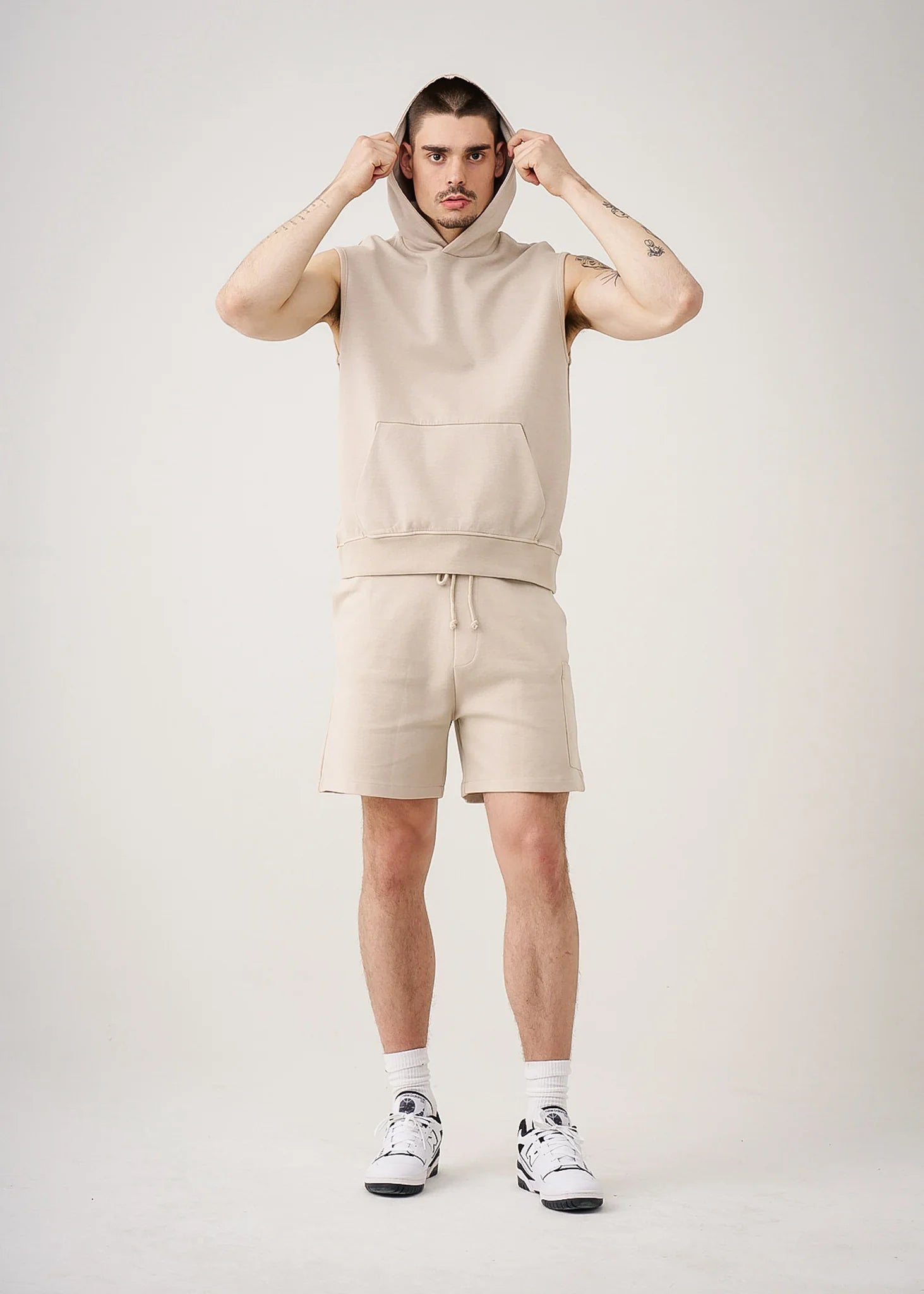 14 OZ Beige Sleeveless Garment Dye Interlock Hooded Short Set