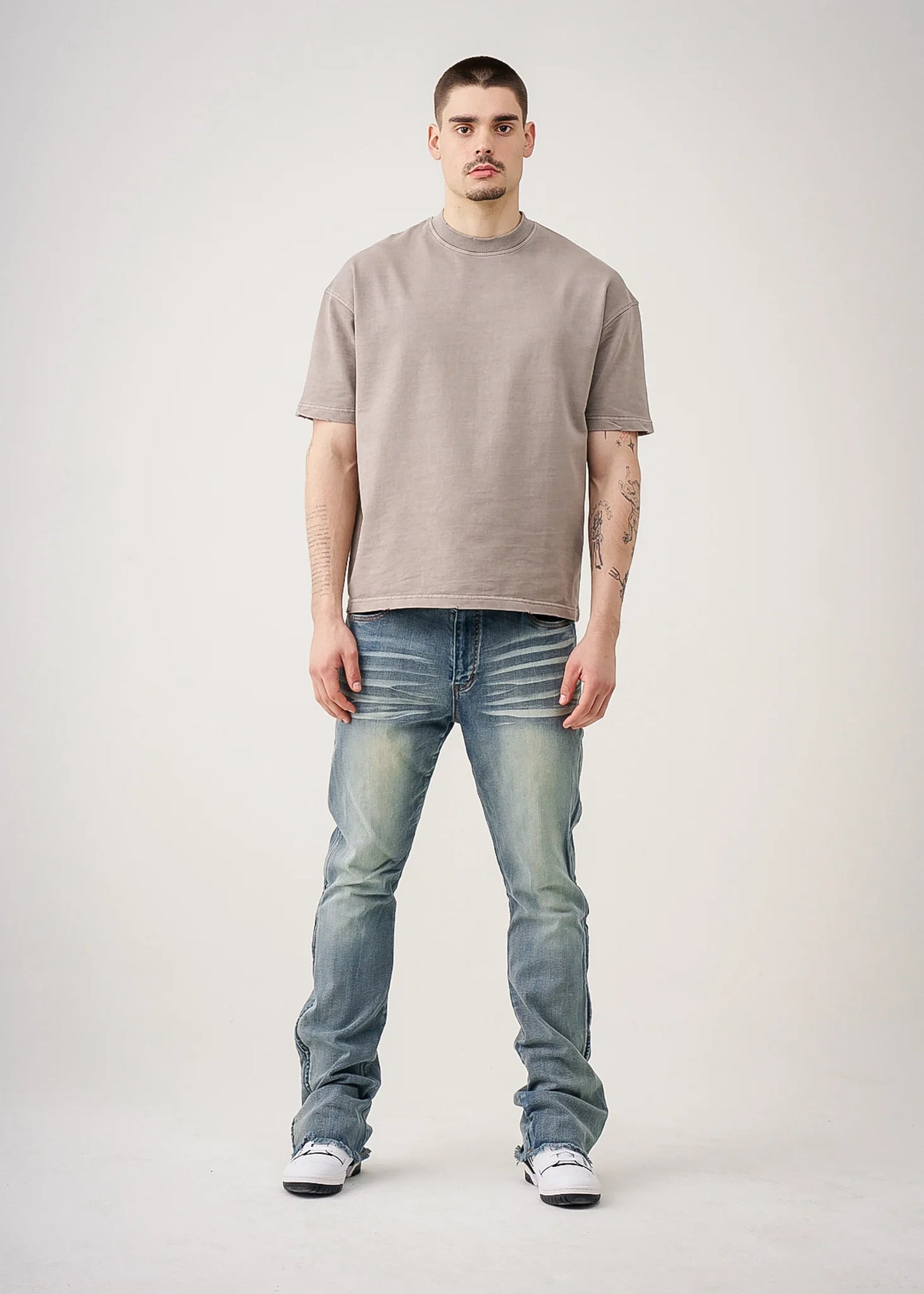 Gray 10 oz Oversized Garment Dye French Terry Distressed T-Shirt