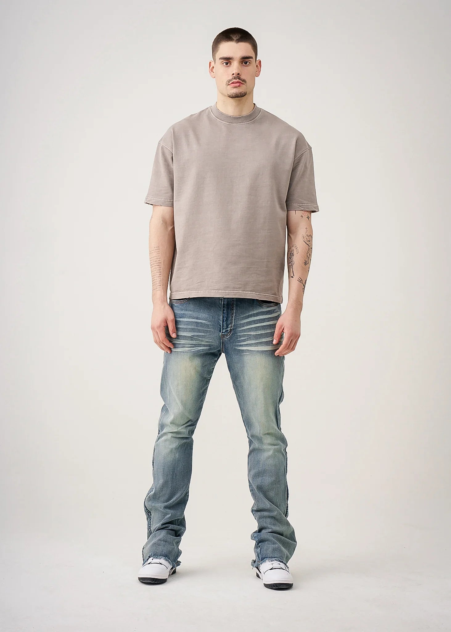 10 OZ Gray Oversized Garment Dye French Terry Distressed T-Shirt