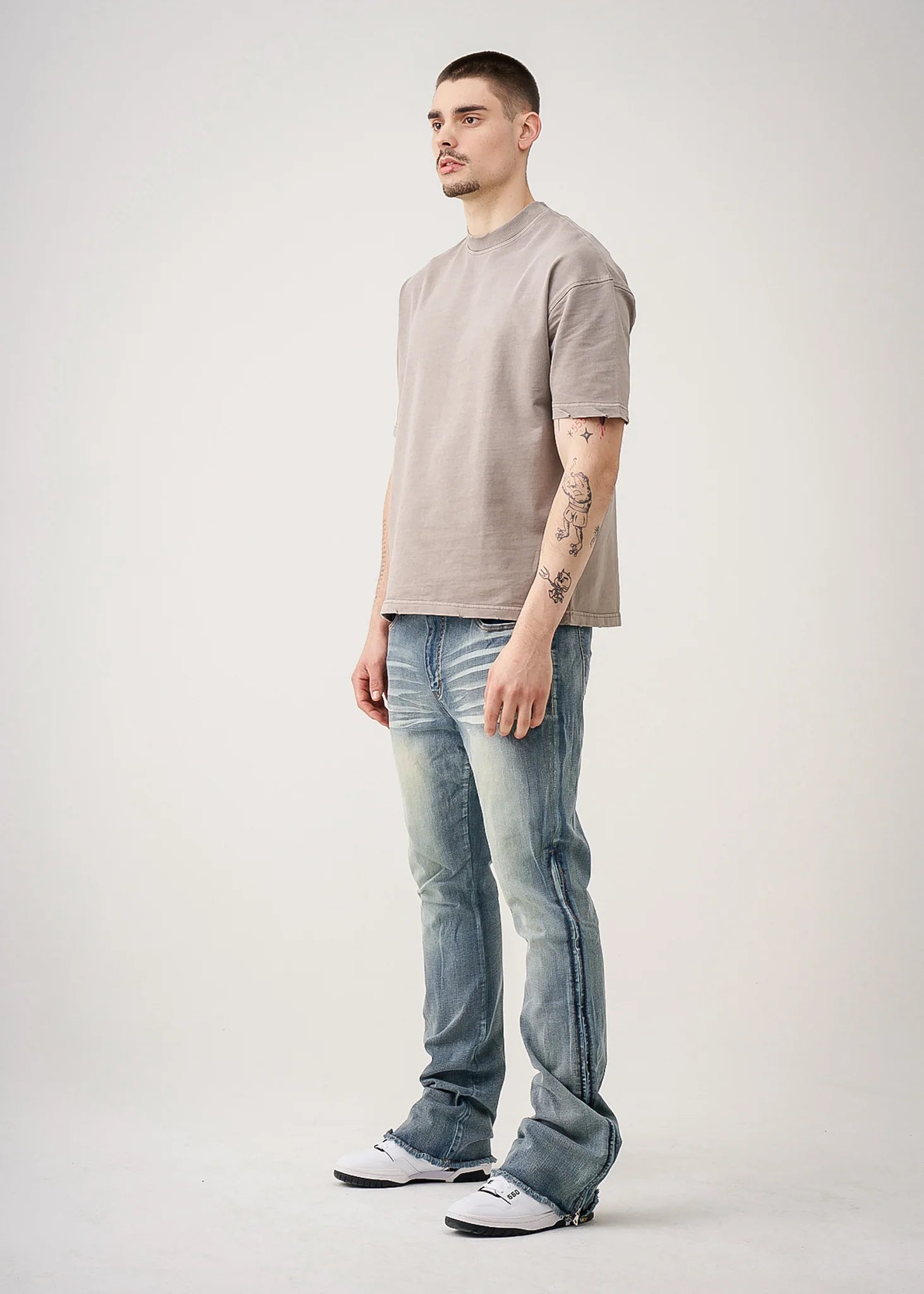 10 OZ Gray Oversized Garment Dye French Terry Distressed T-Shirt
