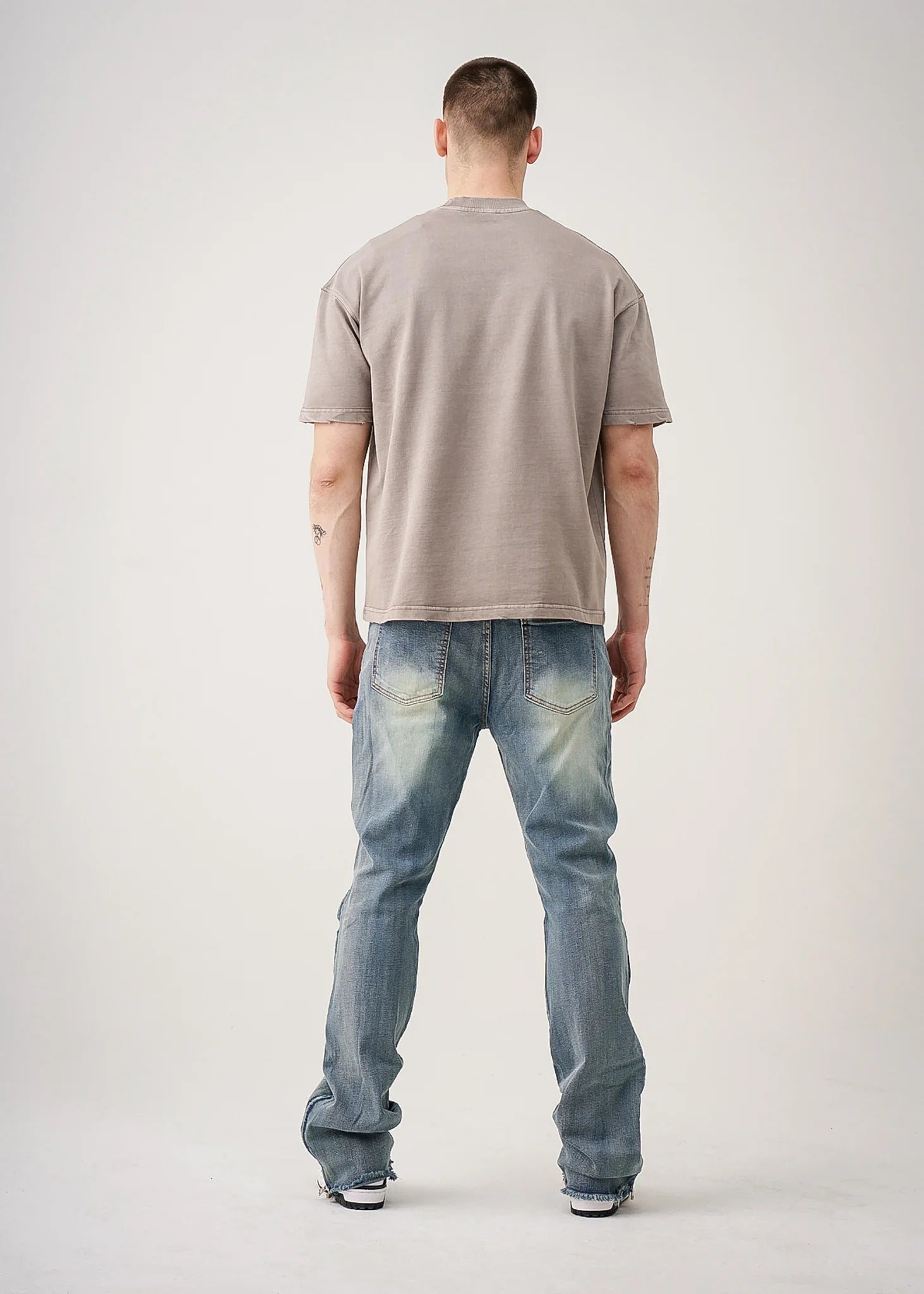 10 OZ Gray Oversized Garment Dye French Terry Distressed T-Shirt